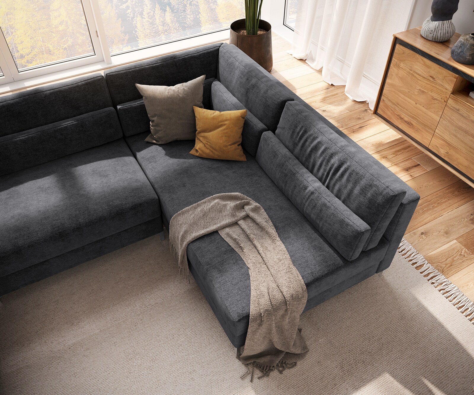 Woonlandschap Elio 300x185 cm microvezel grafiet met poef 4