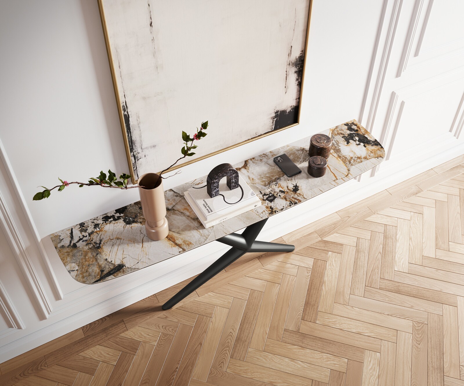 Consoletafel Edge Bootvorm 180x40 cm Keramiek Patagonia Poliert Estelo Metaal Zwart 2