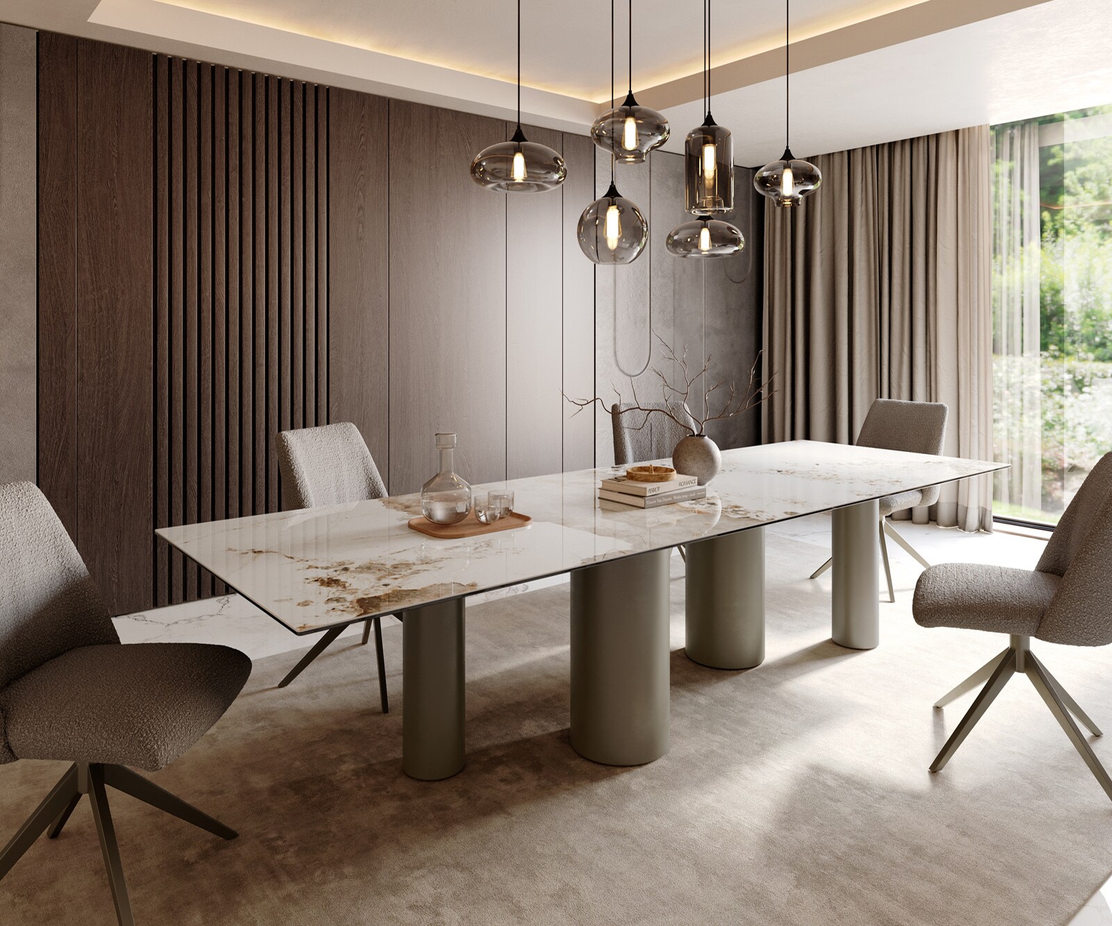 Eetkamertafel Edge 300x100 keramiek Minas Melange wit-Beige Pilier metaal effectafwerking titaan 1