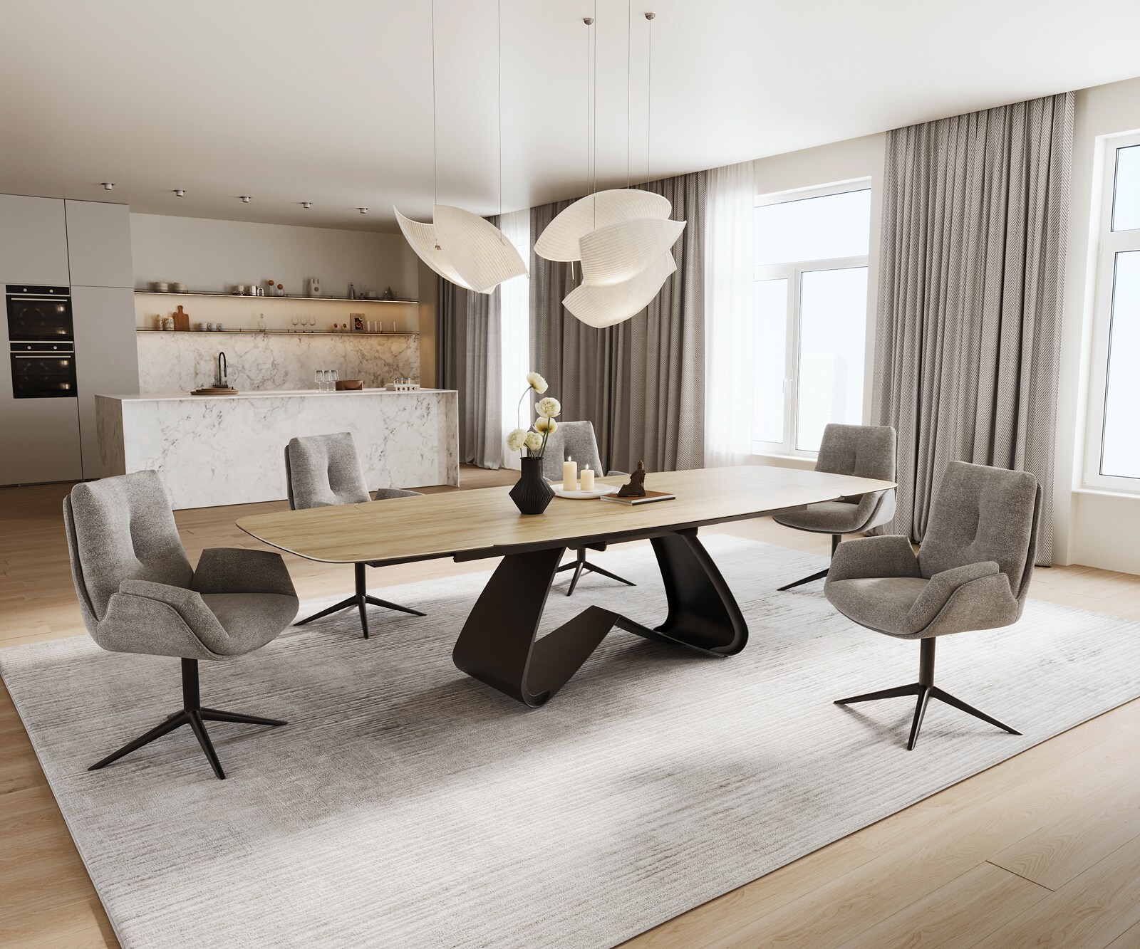 Eettafel Edge Boot 200-300x120 cm Keramiek Laminam® Sabbia Eichefarbig W-onderstel Zwart uitschuifbaar 7