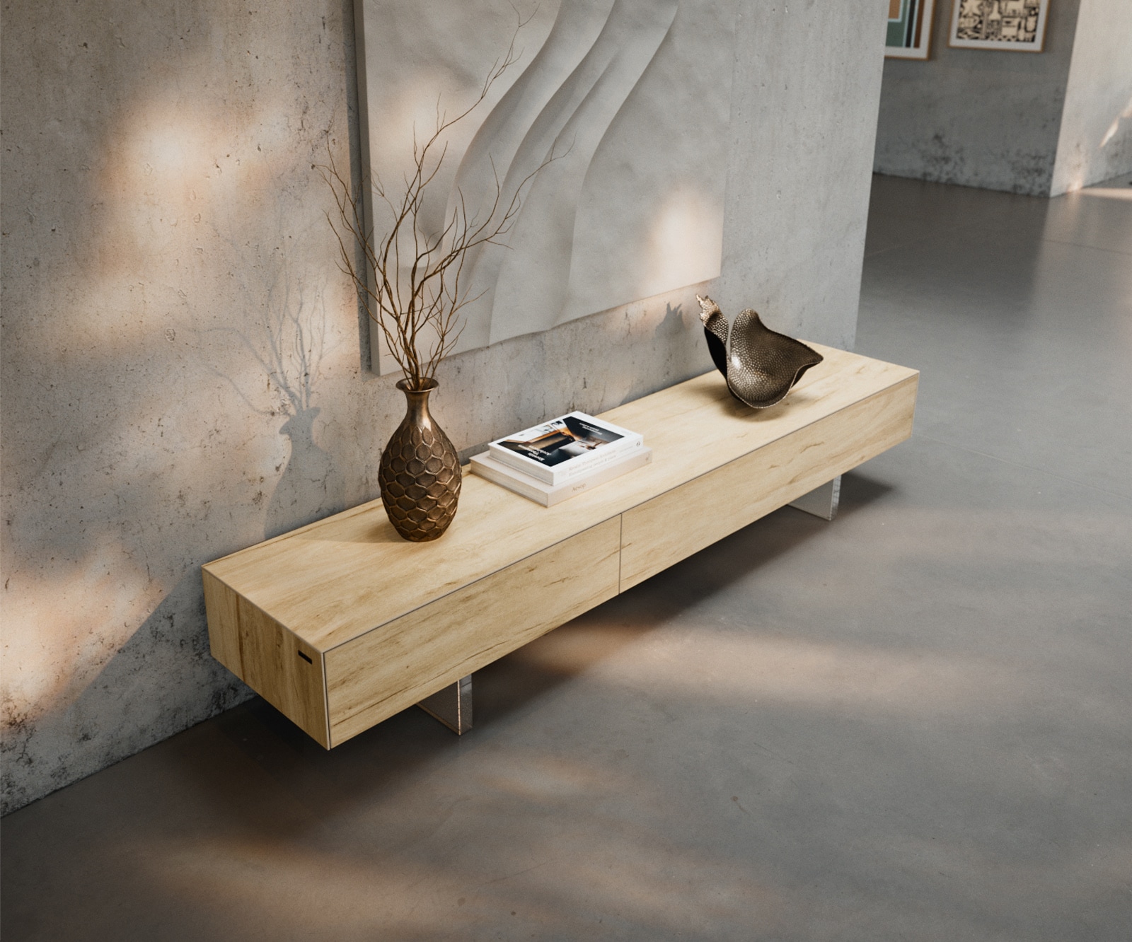 Tv-meubel Cuor 200 cm Keramiek Laminam® Sabbia Eiken gekleurd 1 Flap 1 Lade Zwevende voet look Acrylglas 4 Tv-meubel Cuor 200 cm Keramiek Laminam® Sabbia Eiken gekleurd 1 Flap 1 Lade Zwevende voet look Acrylglas 4