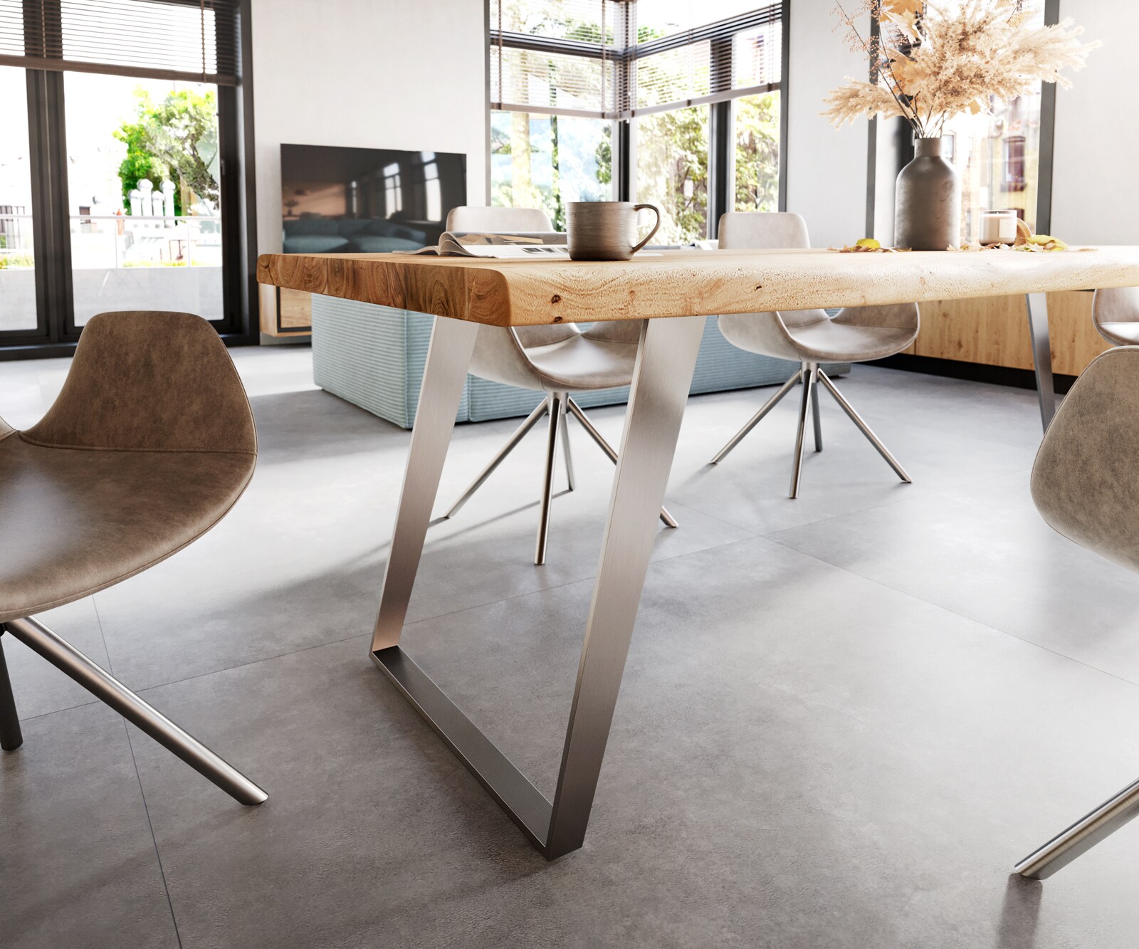 Eettafel Edge 260x100cm XL acacia natuur roestvrijstaal zilver schuin Live-Edge 5