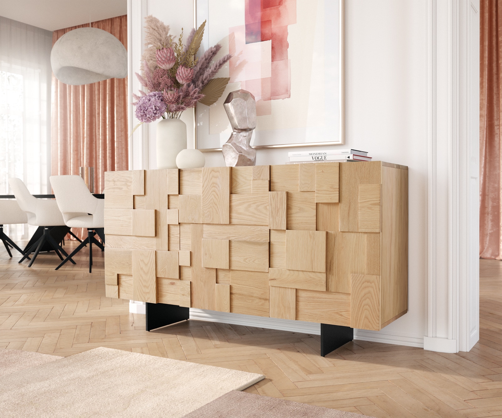 Dressoir Puzzle 145 cm natuur eiken onderstel zwevend metaal zwart