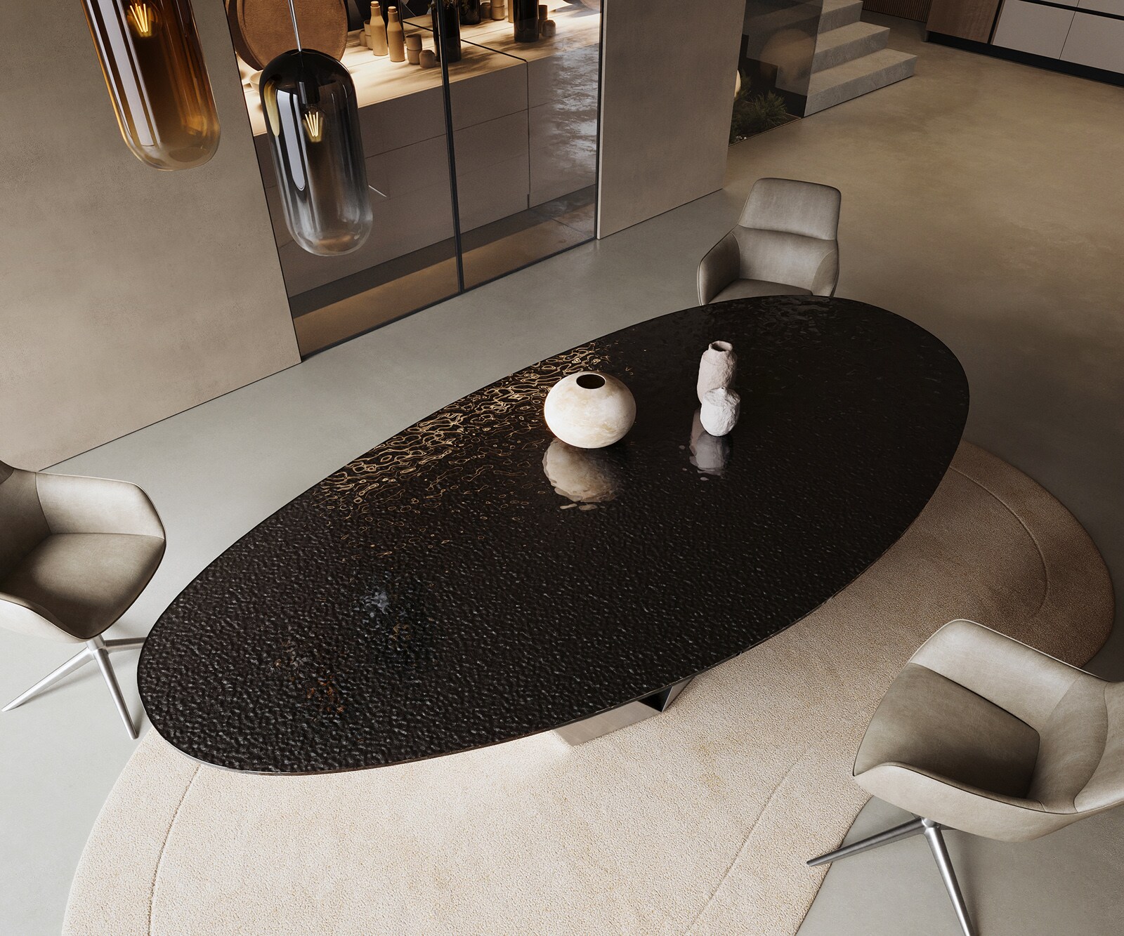 Eettafel Edge Oval 280x130 Reliefglas rookzwart 3D-Design Prisma metaal zilver 4