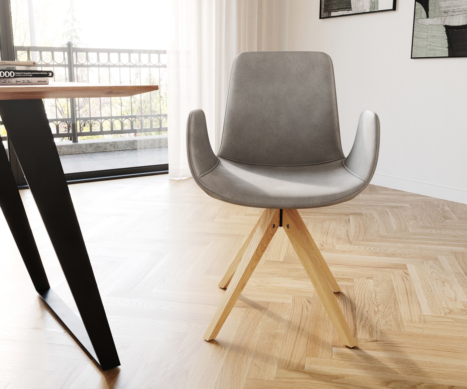 Eetkamerstoel Ilia-Flex met armleuning fluweel grijs houten frame hoekig natuur 1 Eetkamerstoel Ilia-Flex met armleuning fluweel grijs houten frame hoekig natuur 1