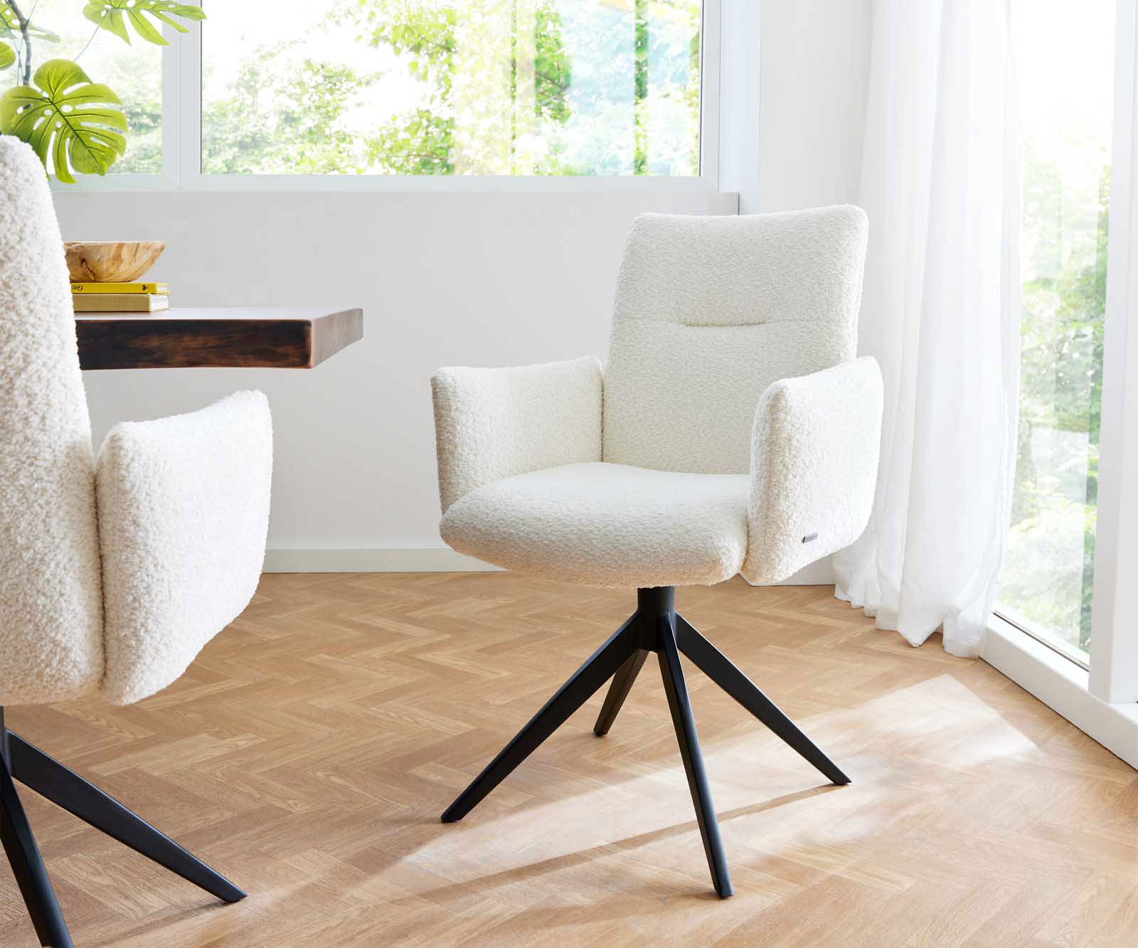 Draaistoel Jova-Flex met armleuning bouclé wit kruisframe breed zwart 360° draaibaar pocketveer kern