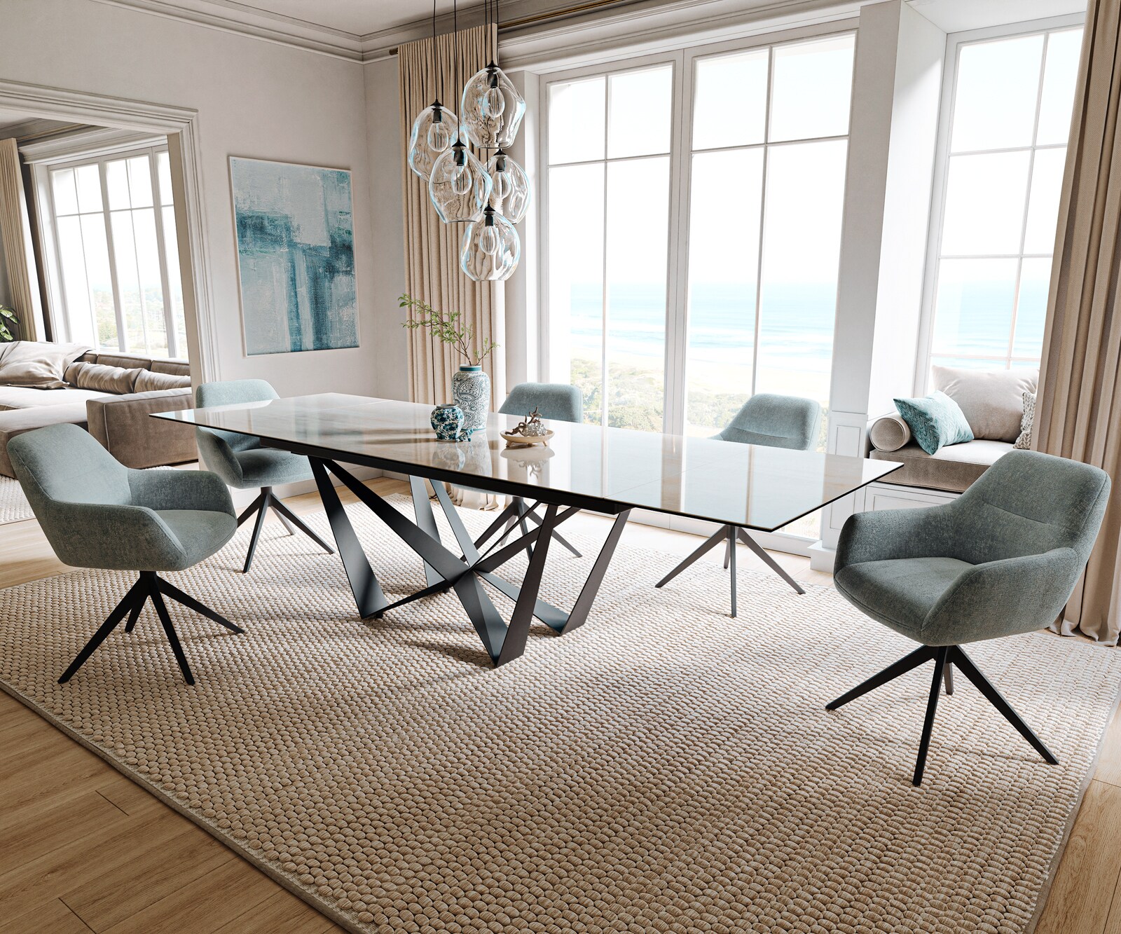 Eettafel Edge 200-300x100 cm keramiek Onyx Champagne Spider plat staal zwart uittrekbaar 7