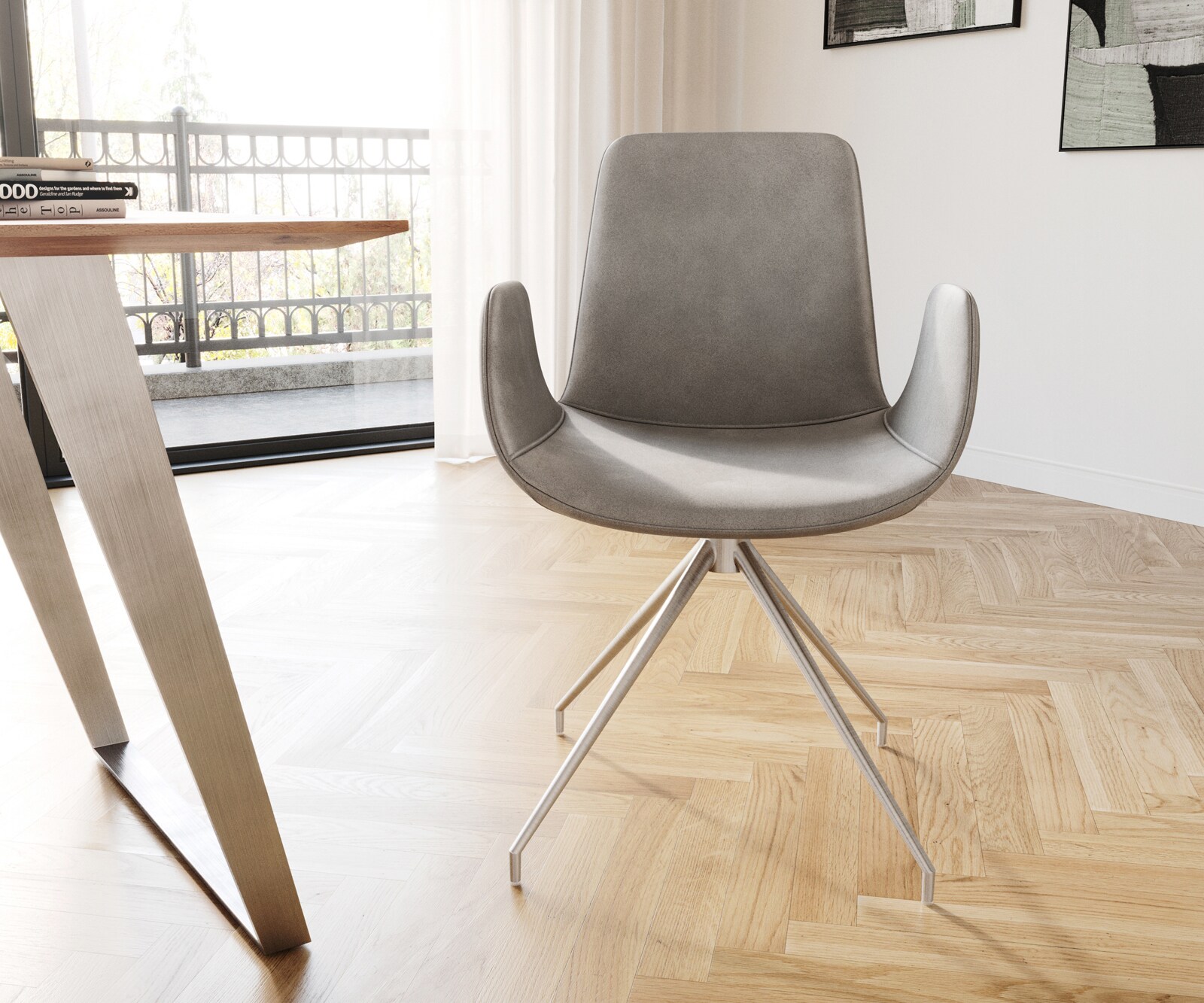 Eetkamerstoel Ilia-Flex met armleuning fluweel grijs kruisframe conisch roestvrij staal 1 Eetkamerstoel Ilia-Flex met armleuning fluweel grijs kruisframe conisch roestvrij staal 1