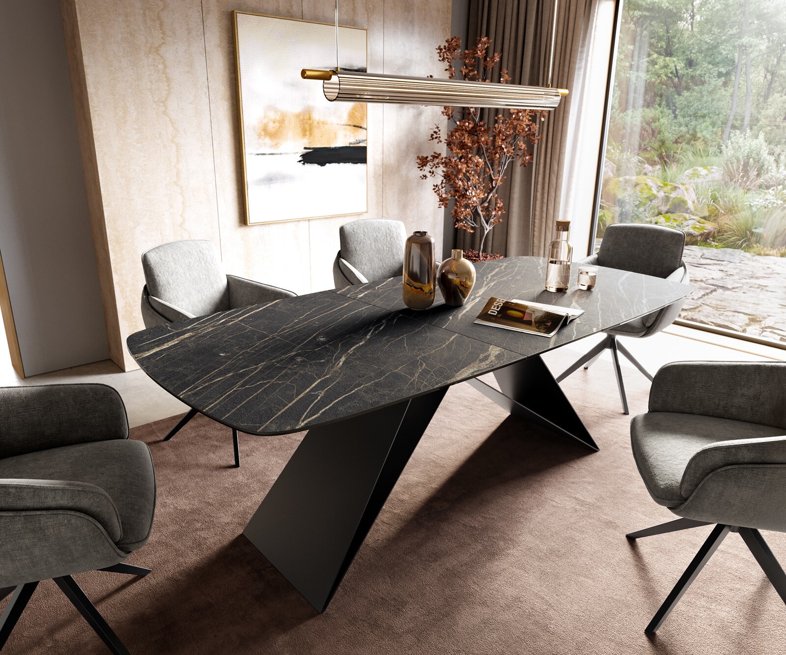 Eettafel Edge Boot 180-220x100 cm Laminam® Keramiek Noir Desir Braun V-onderstel Flachstahl Zwart uitschuifbaar 1