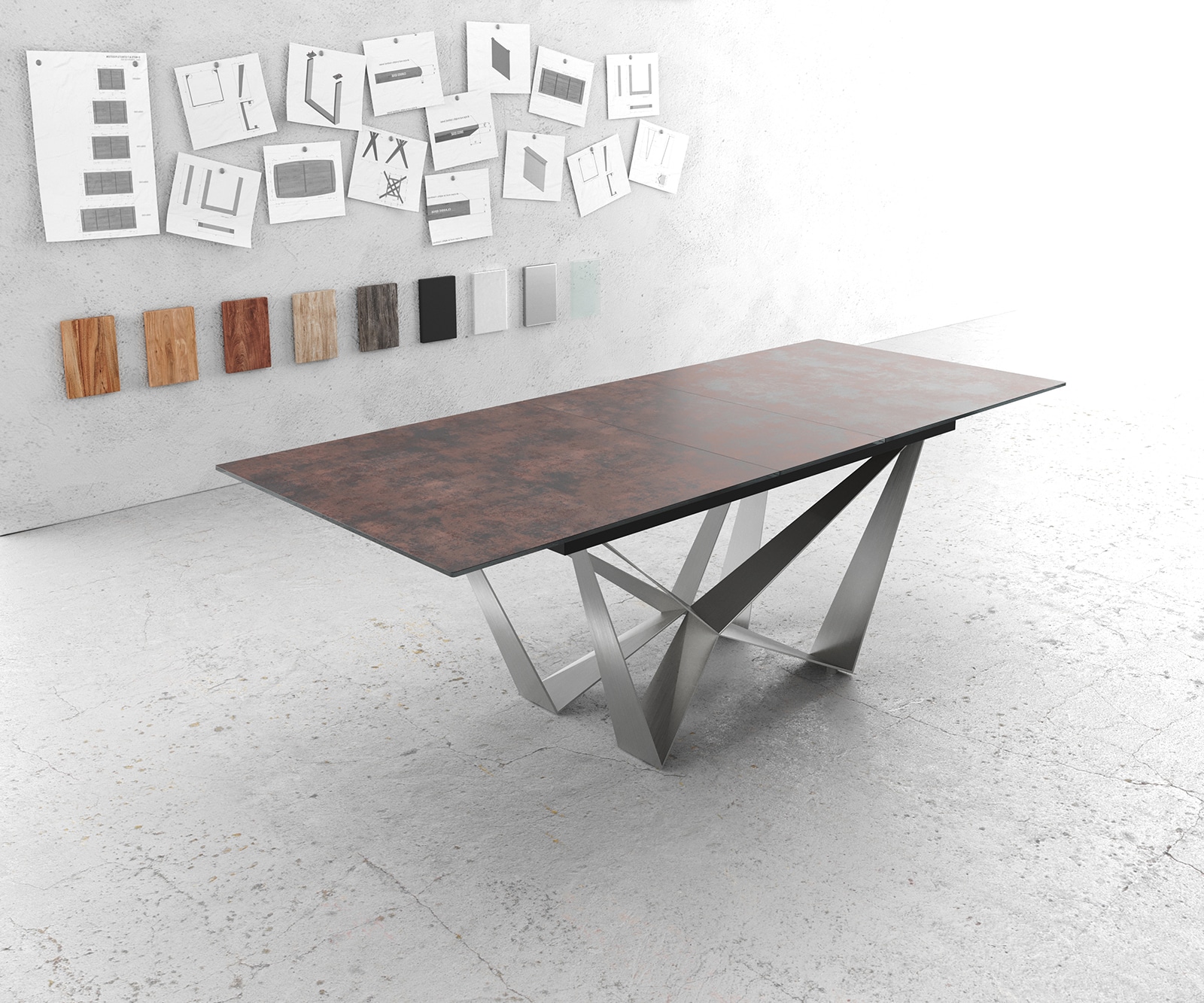 Eettafel Edge 180-220x90cm verre antiek-bruin middenpoot vlak staal zilver Eettafel Edge 180-220x90cm verre antiek-bruin middenpoot vlak staal zilver