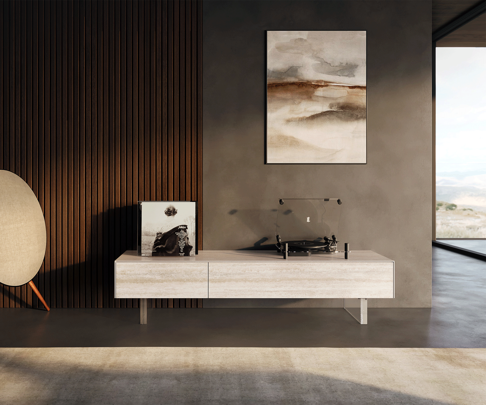 Tv-meubel Cuor 150 cm Keramiek Laminam® Travertino Bianco Crème-wit 1 Flap 1 Lade Zwevende voet look Acrylglas 1