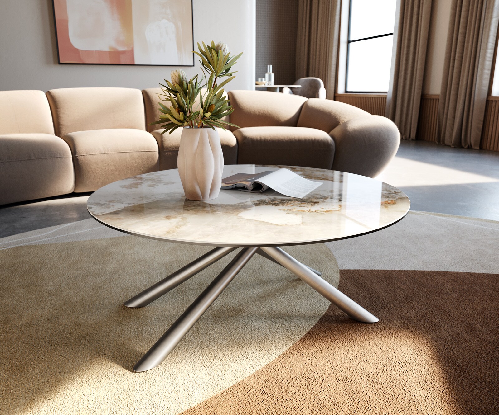 Salontafel Edge rond 90x90 cm keramiek Minas Melange Sarity geborsteld roestvrij staal