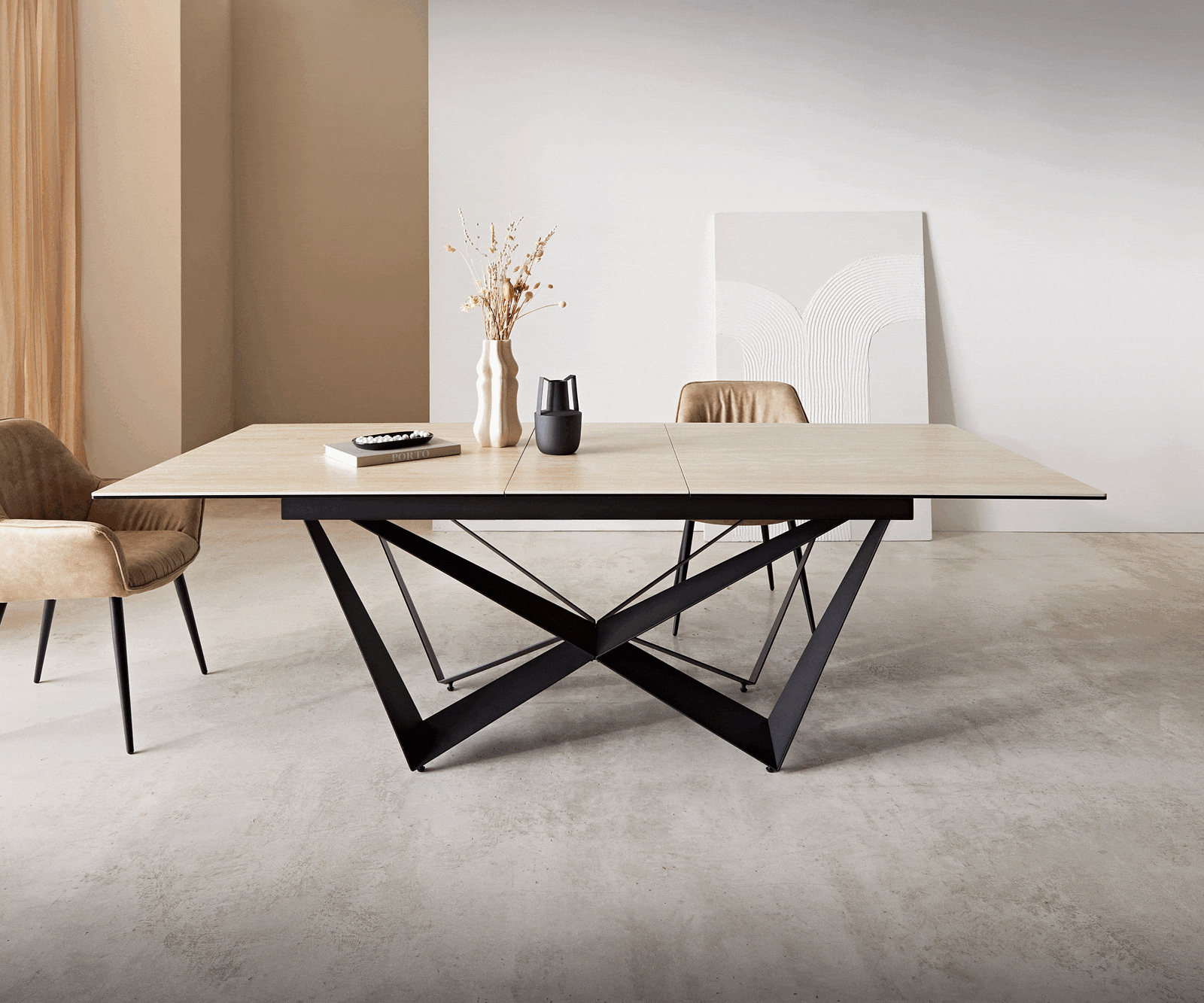 Eetkamertafel Edge 180-220x100 keramiek Travertin natuur spider vlak staal zwart uitschuifbaar 2