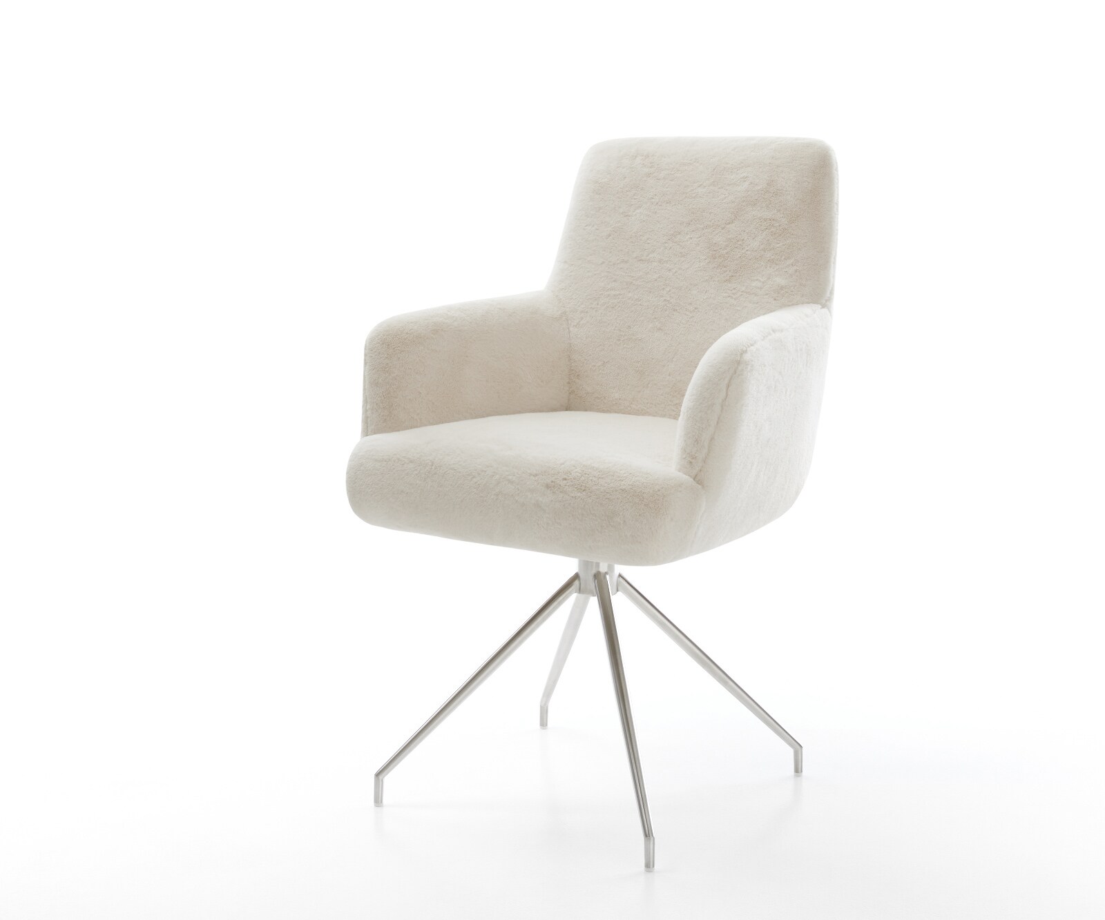 Eetkamerstoel Heira-Flex met armleuning pluchen crème-wit kruisframe conisch roestvrij staal pocketveer kern 1
