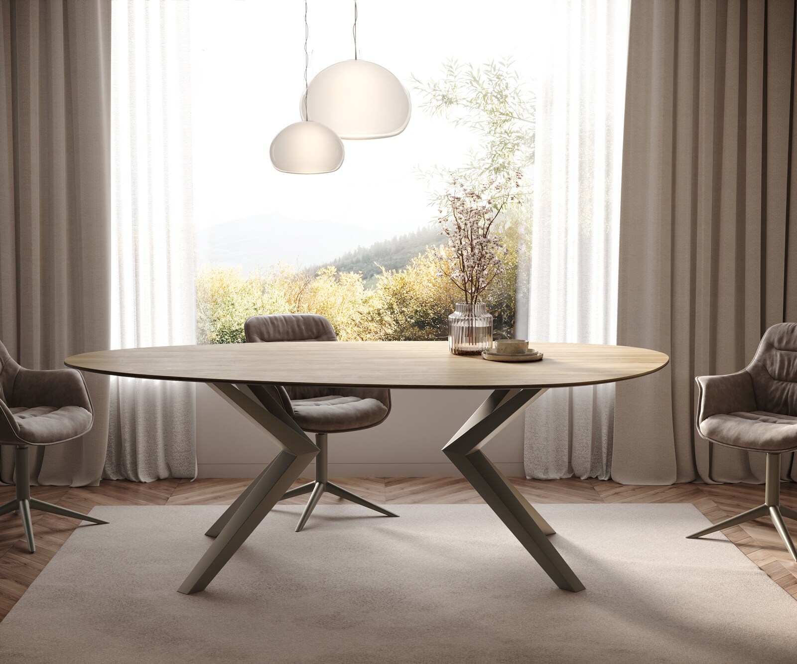 Eetkamertafel Edge ovaal 220x120 keramiek Laminam® Sabbia eiken kleur Zenthara hoekig metaal effectafwerking titaan 2