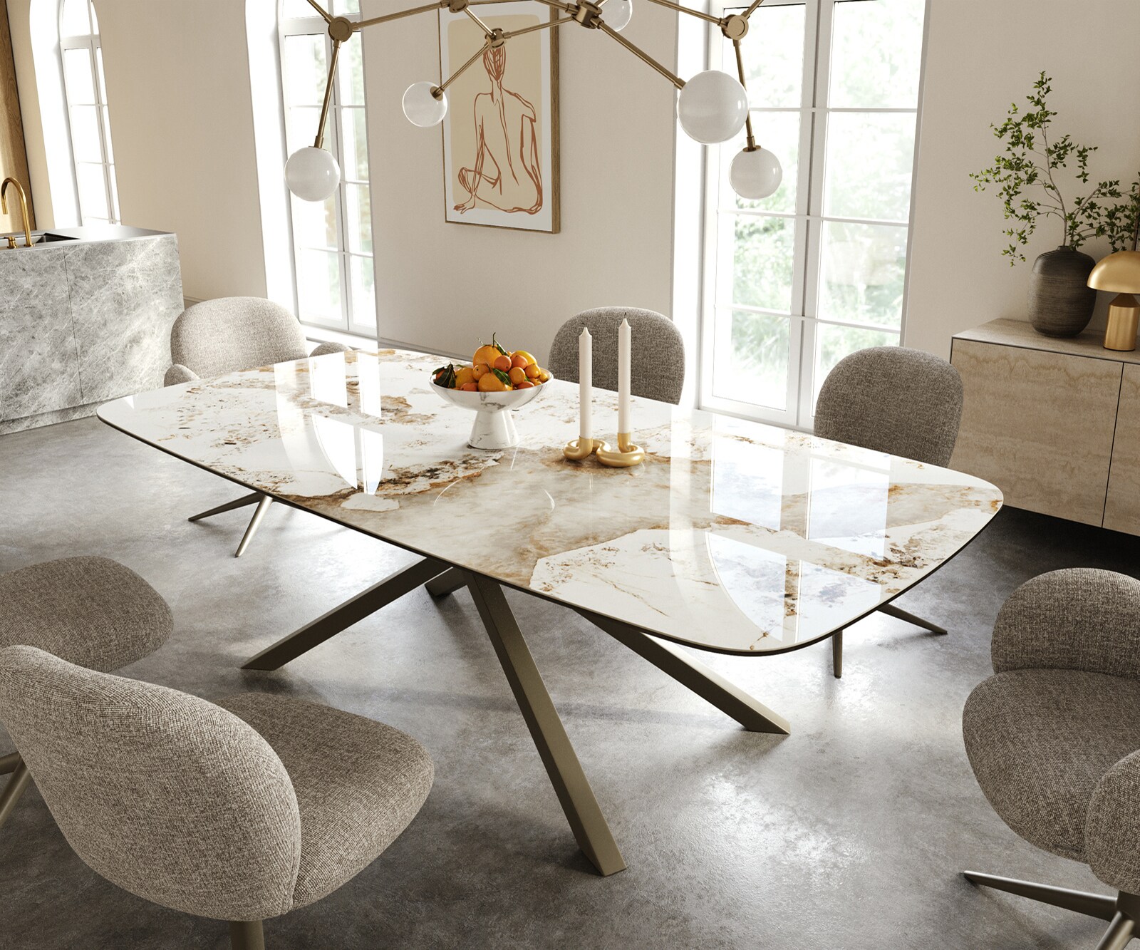 Eettafel Edge Boot 240x120 cm Keramiek Minas Melange Wit-Beige kruisonderstel Rechthoek Effectafwerking Titan