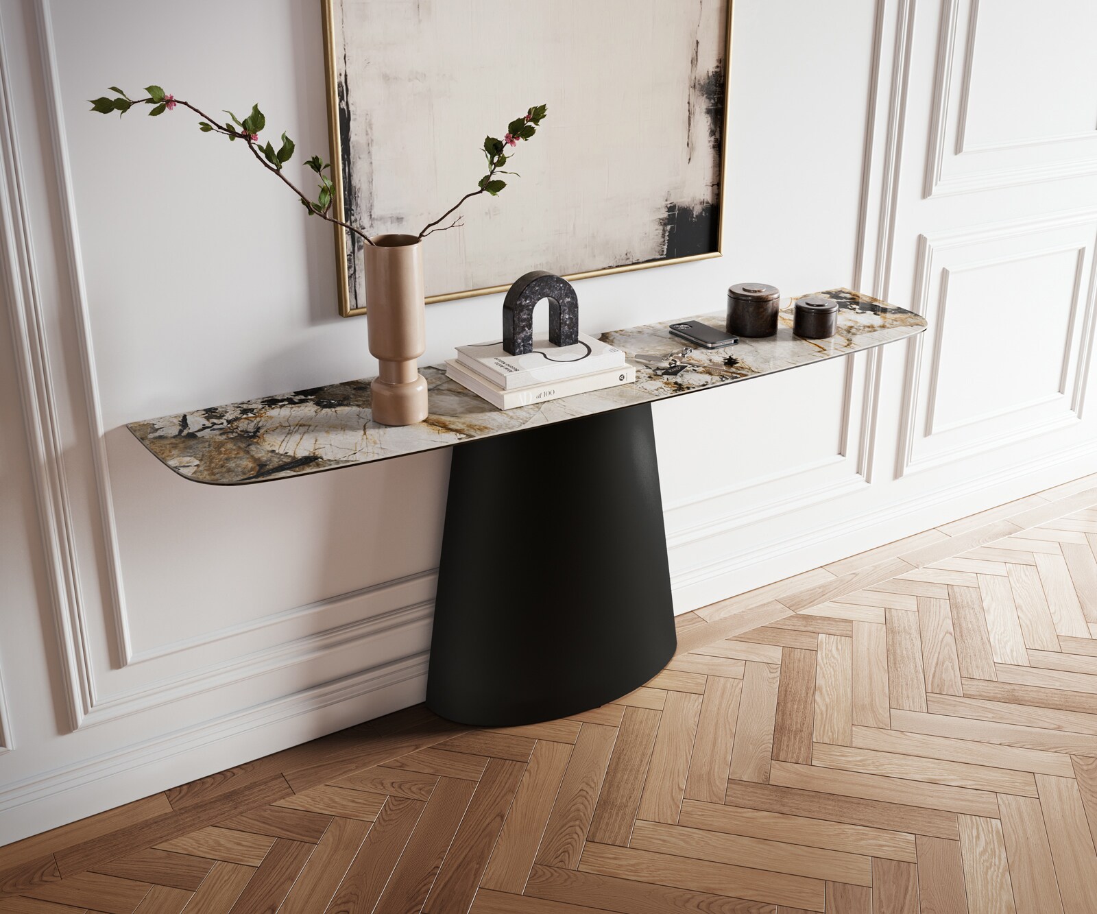 Consoletafel Edge Bootvorm 180x40 cm Keramiek Patagonia Poliert Conos Metaal Zwart 1