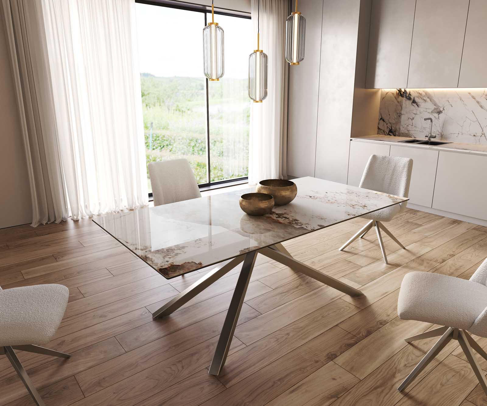 Eetkamertafel Edge 200x100 keramiek Minas Melange wit-beige kruisframe rechthoek RVS Eetkamertafel Edge 200x100 keramiek Minas Melange wit-beige kruisframe rechthoek RVS