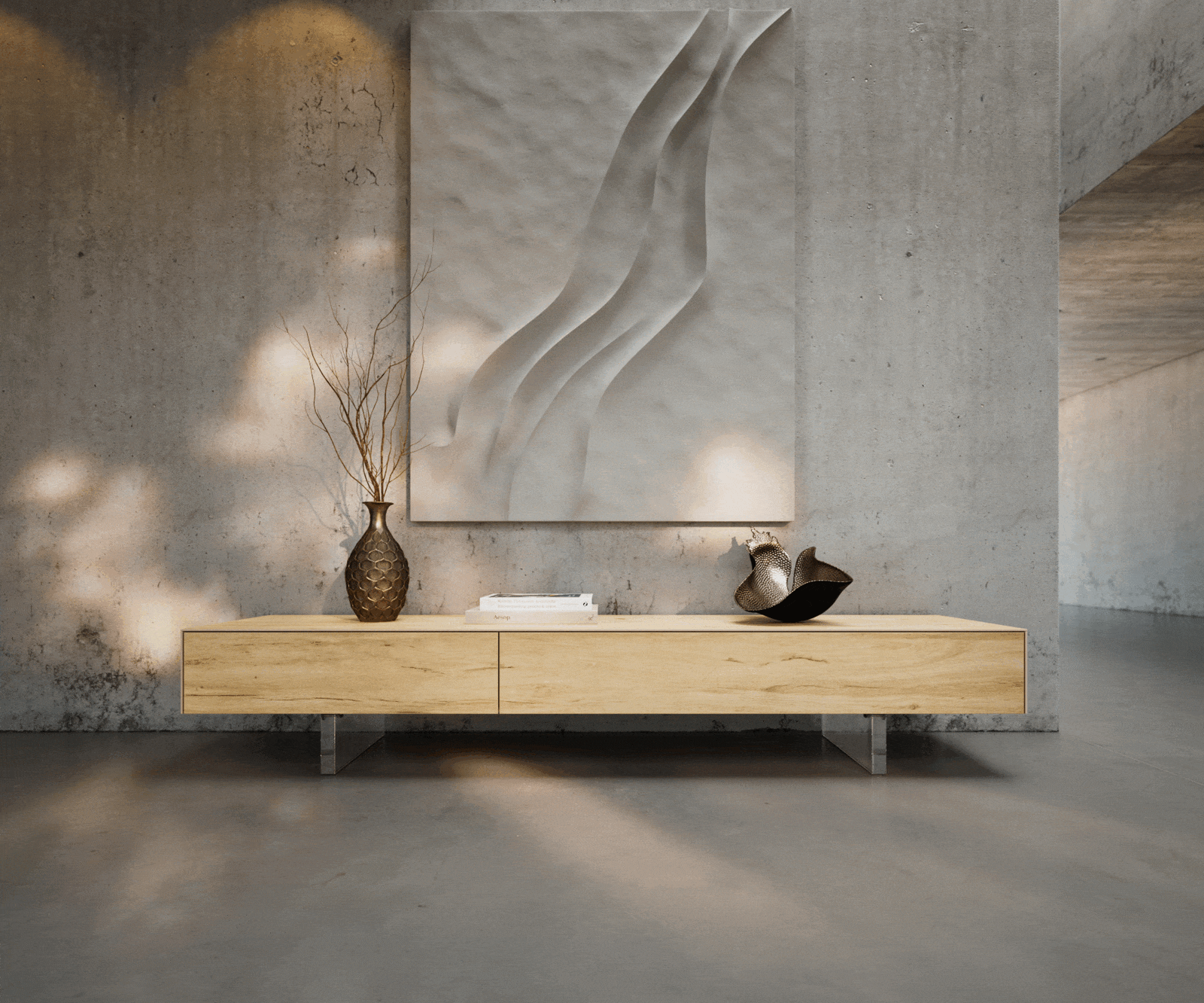 Tv-meubel Cuor 200 cm Keramiek Laminam® Sabbia Eiken gekleurd 1 Flap 1 Lade Zwevende voet look Acrylglas 1