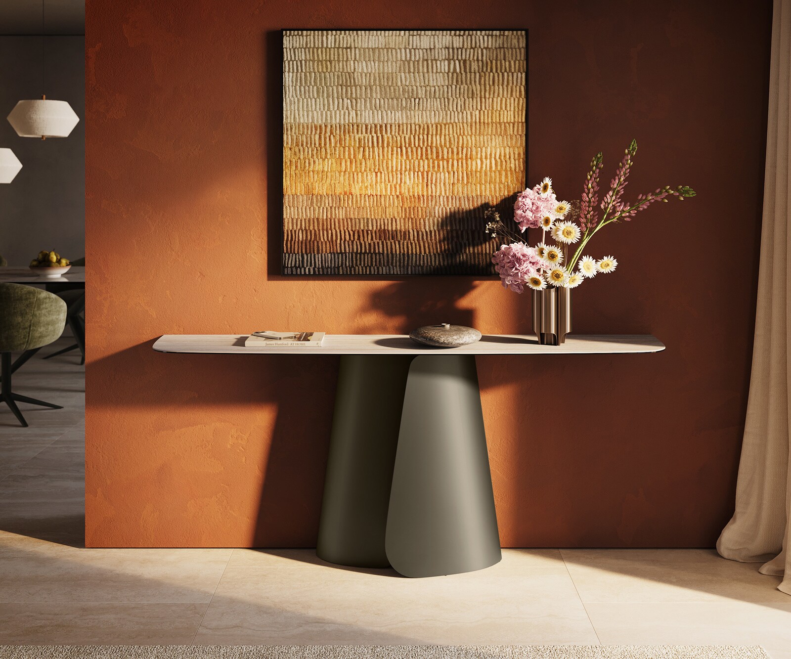 Consoletafel Edge Bootvorm 180x40 cm Keramiek Laminam® Travertino Bianco Creme-Weiß Livos Metaal Effektfinish Titan 1