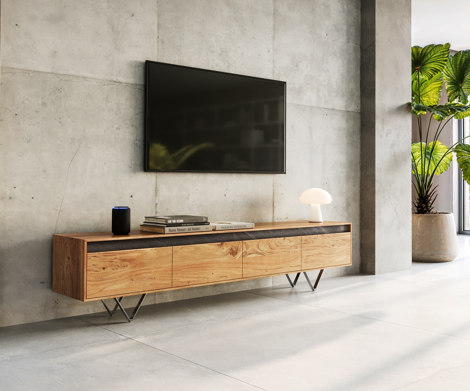 Designer-Tv-meubel Stonegrace 200 cm acacia natuur 4 laden Designer-Tv-meubel Stonegrace 200 cm acacia natuur 4 laden