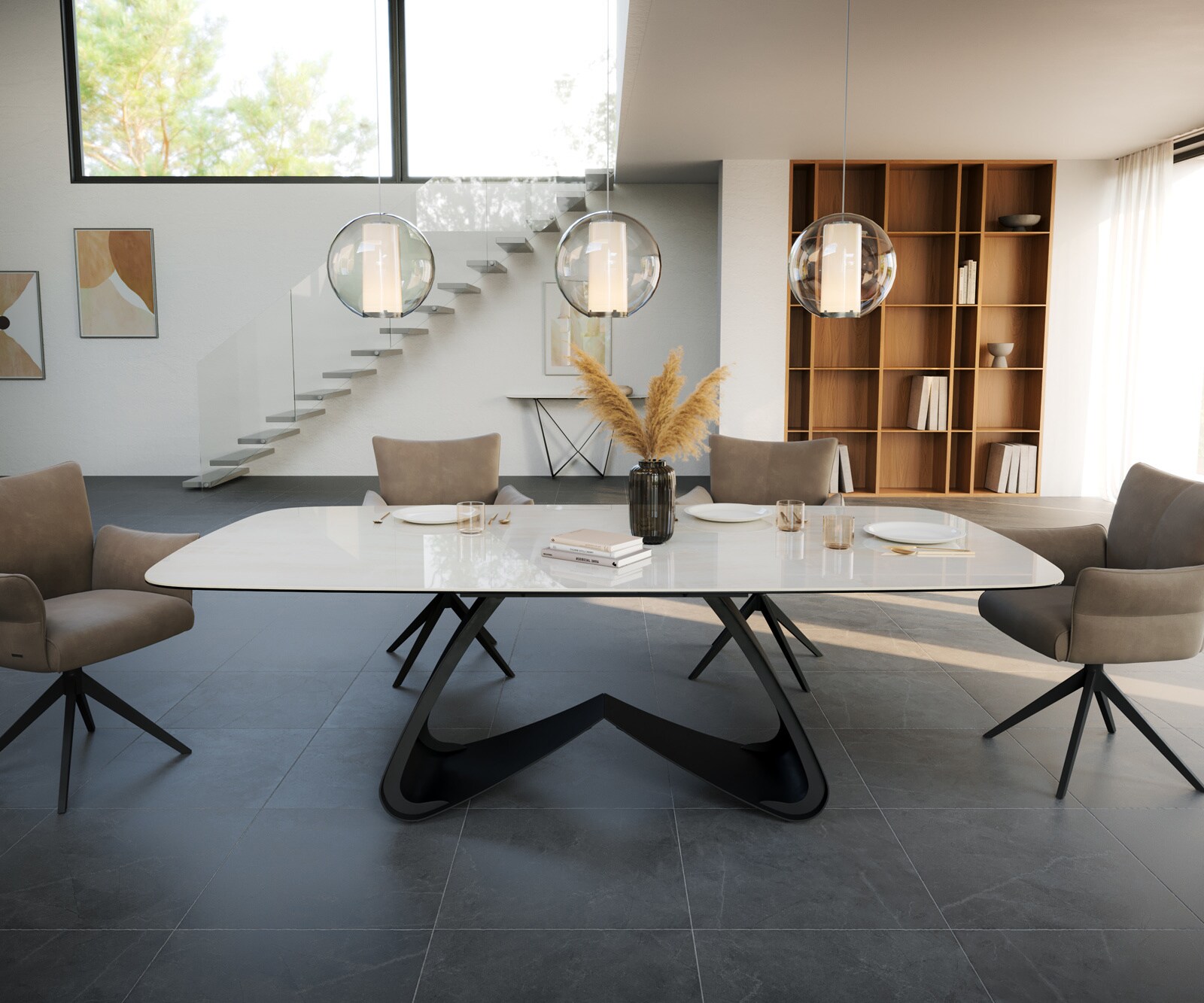 Eettafel Edge Boot 240x120 cm Keramiek Onyx Champagne W-onderstel Metaal Zwart 2