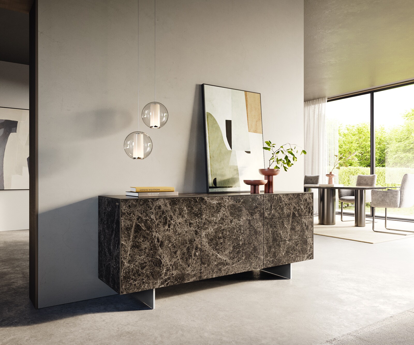 Dressoir Cuor 180 cm Keramiek Laminam® Emperador Extra Lucidato Donkerbruin 2 Deuren 3 Laden Zwevende voet look Roestvrij staal