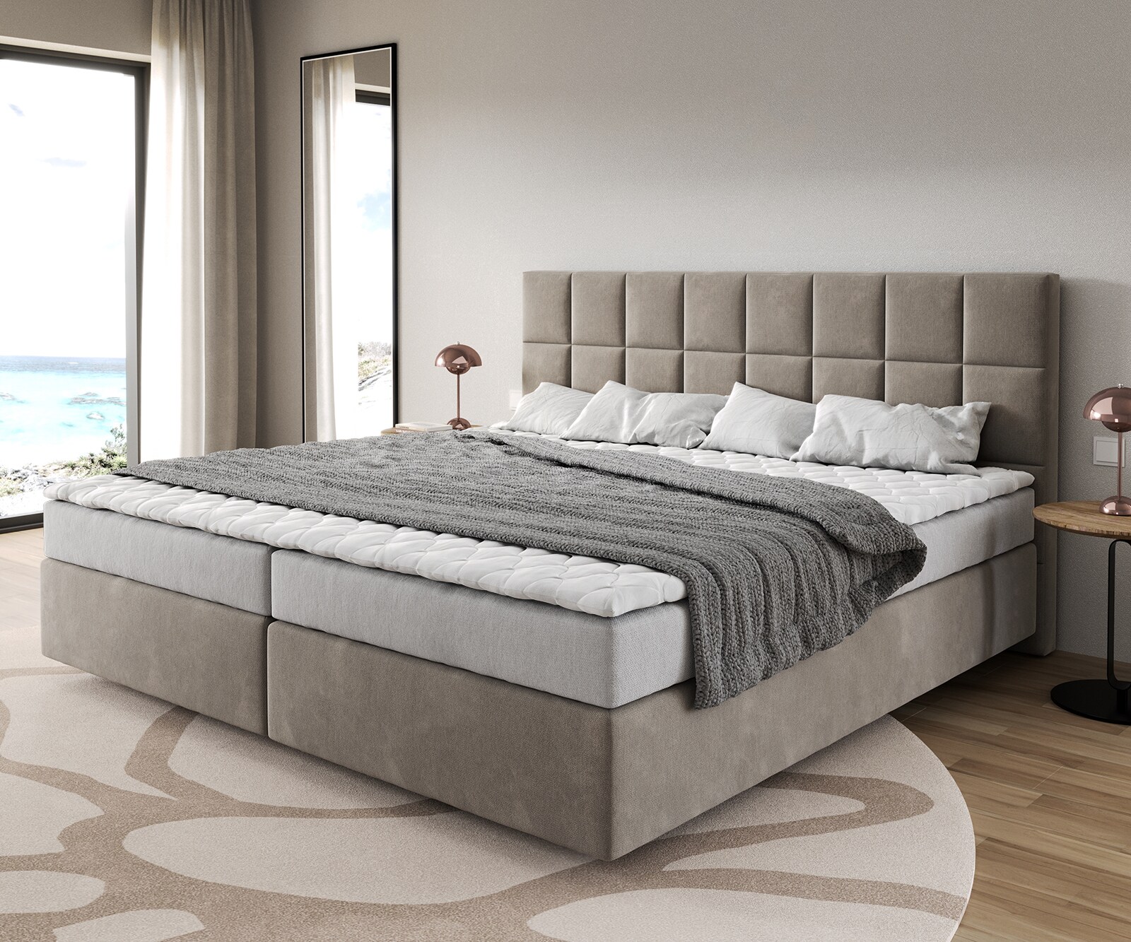 Boxspringbed Dream-Fijn microvezel beige 200x200 cm Bonell matras PU topper