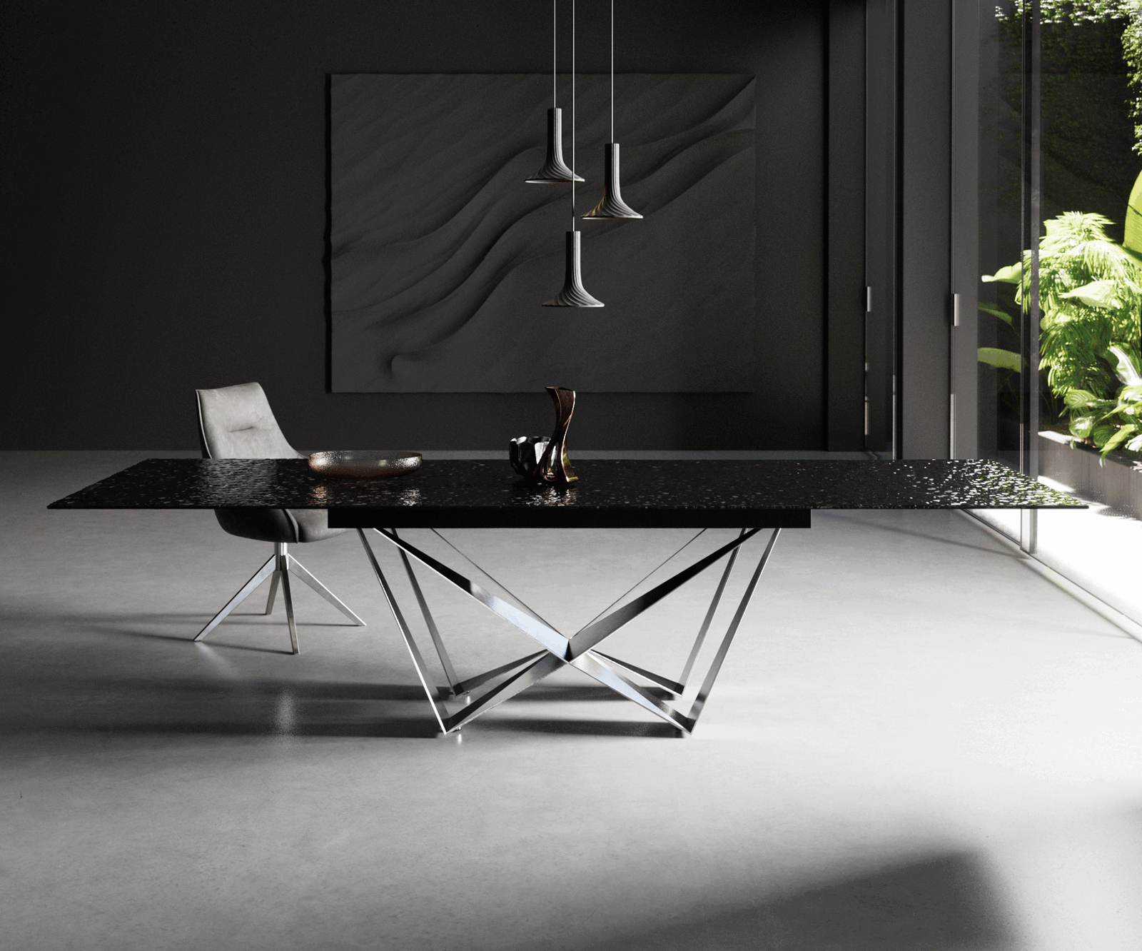 Eetkamertafel Edge 200-300x100 Glas smelten rokerig zwart 3D-Relief spider vlak staal RVS uitschuifbaar 1