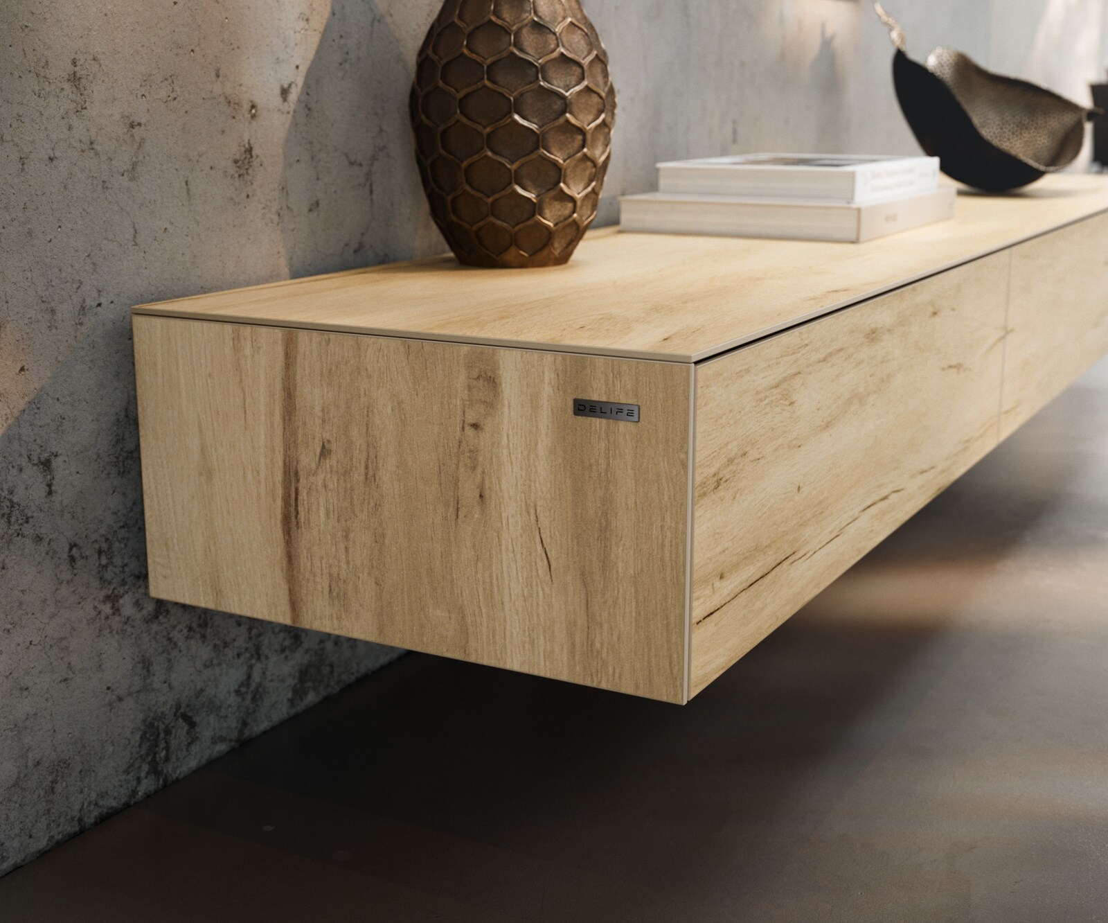 Tv-meubel Cuor 200 cm Keramiek Laminam® Sabbia Eiken gekleurd 1 Flap 1 Lade Zwevend 5