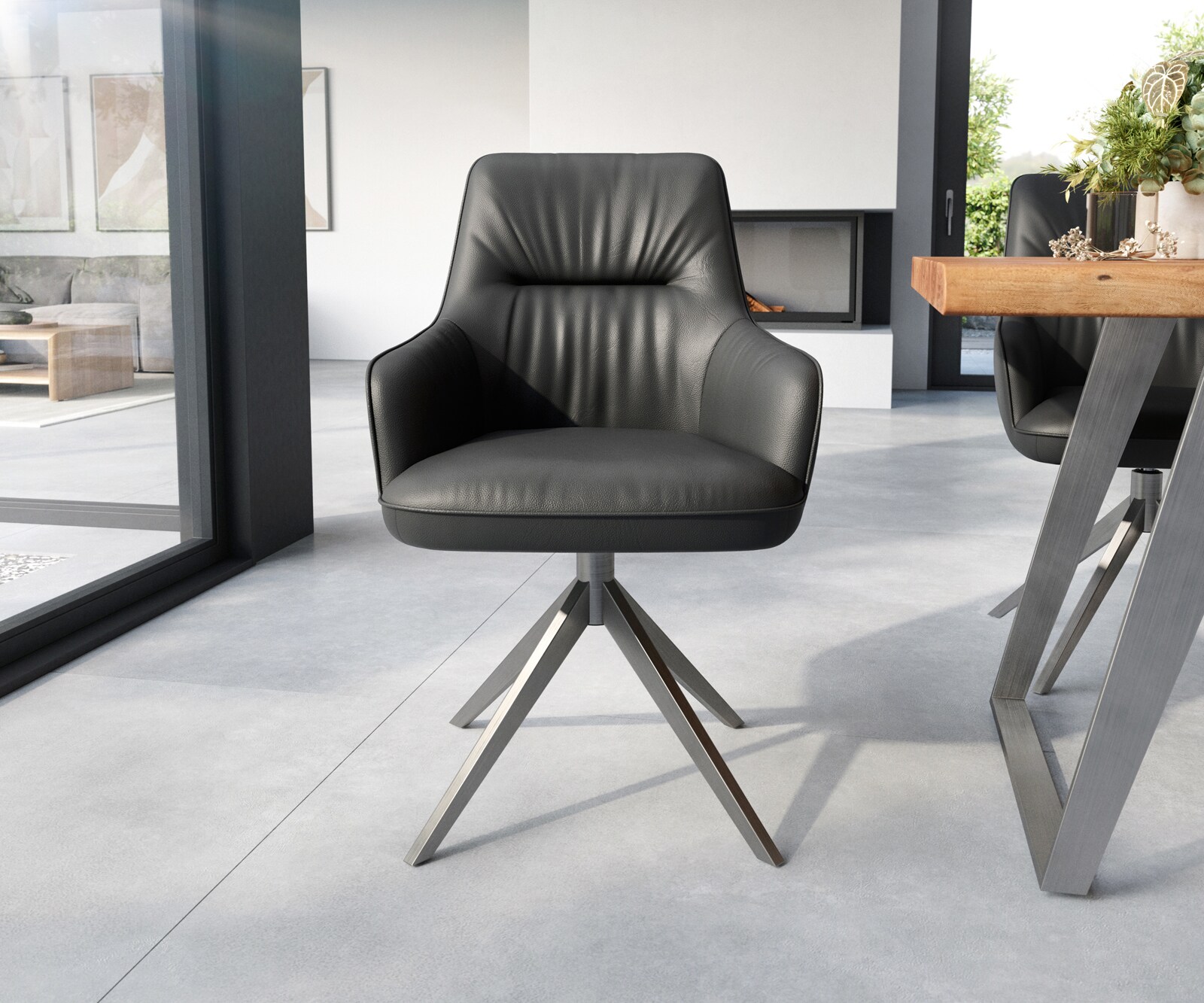 Eetkamerstoel Zelia-Flex met armleuning echt leer zwart kruisframe breed roestvrij staal pocketveer kern 1 Eetkamerstoel Zelia-Flex met armleuning echt leer zwart kruisframe breed roestvrij staal pocketveer kern 1