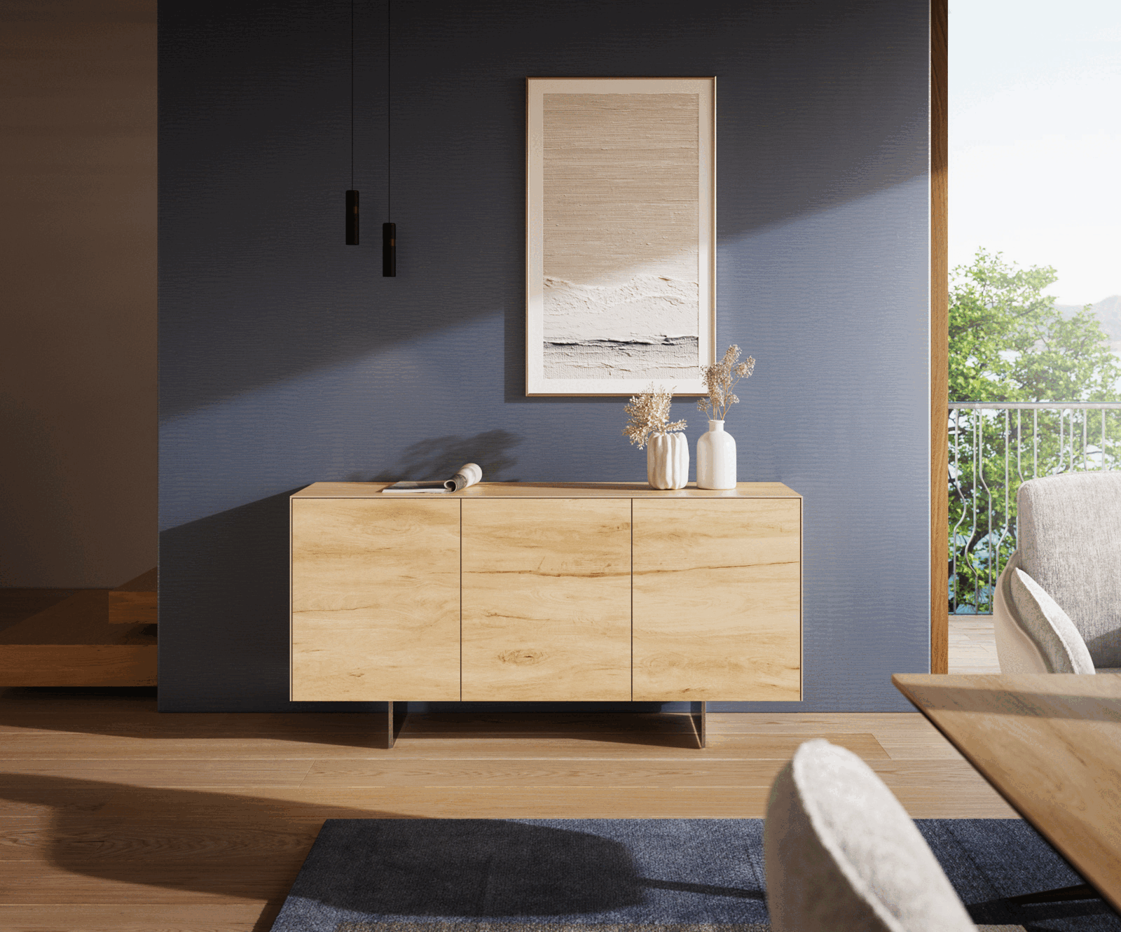 Dressoir Cuor 150 cm Keramiek Laminam® Sabbia Eiken gekleurd 3 Deuren Zwevende voet look Roestvrij staal 1
