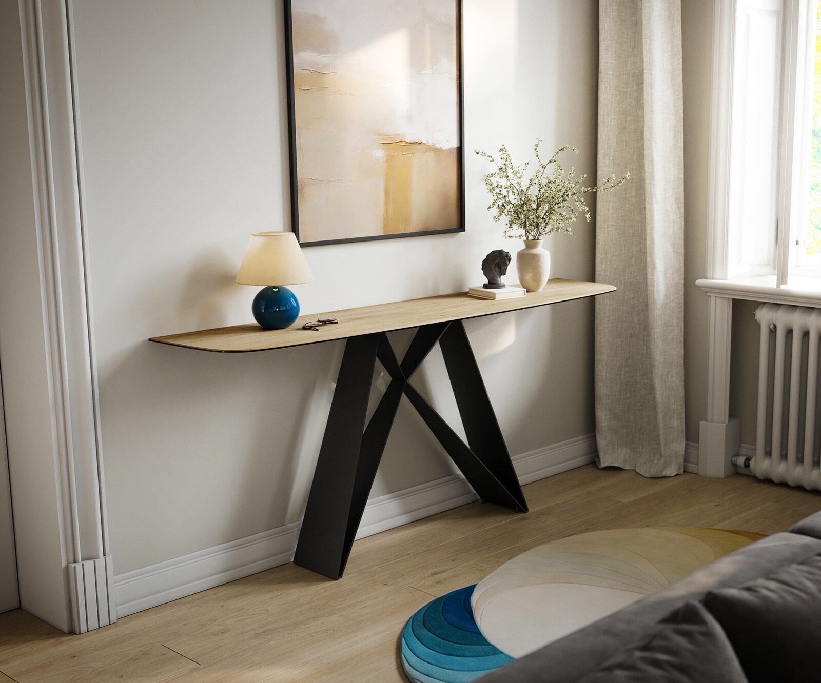 Consoletafel Edge Bootvorm 180x40 cm Keramiek Laminam® Sabbia Eichefarbig Velio Metaal Zwart 4