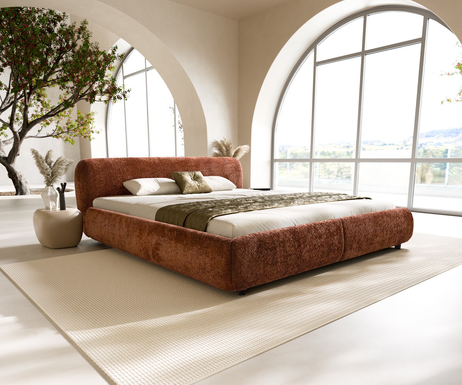 Shona gestoffeerd bedframe 180x200 cm teddy stof roest