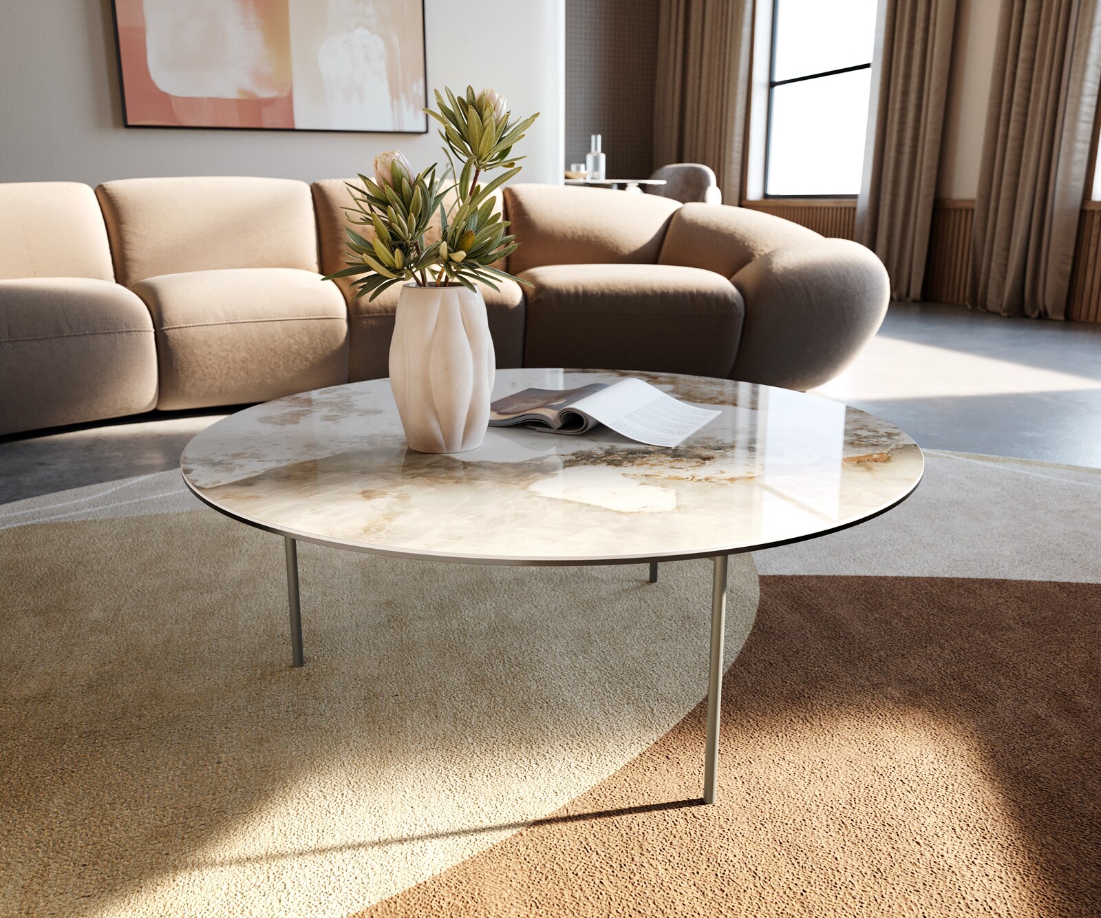 Salontafel Edge rond 90x90 cm keramiek Minas Melange Trive Metall effectafwerking titaan 1