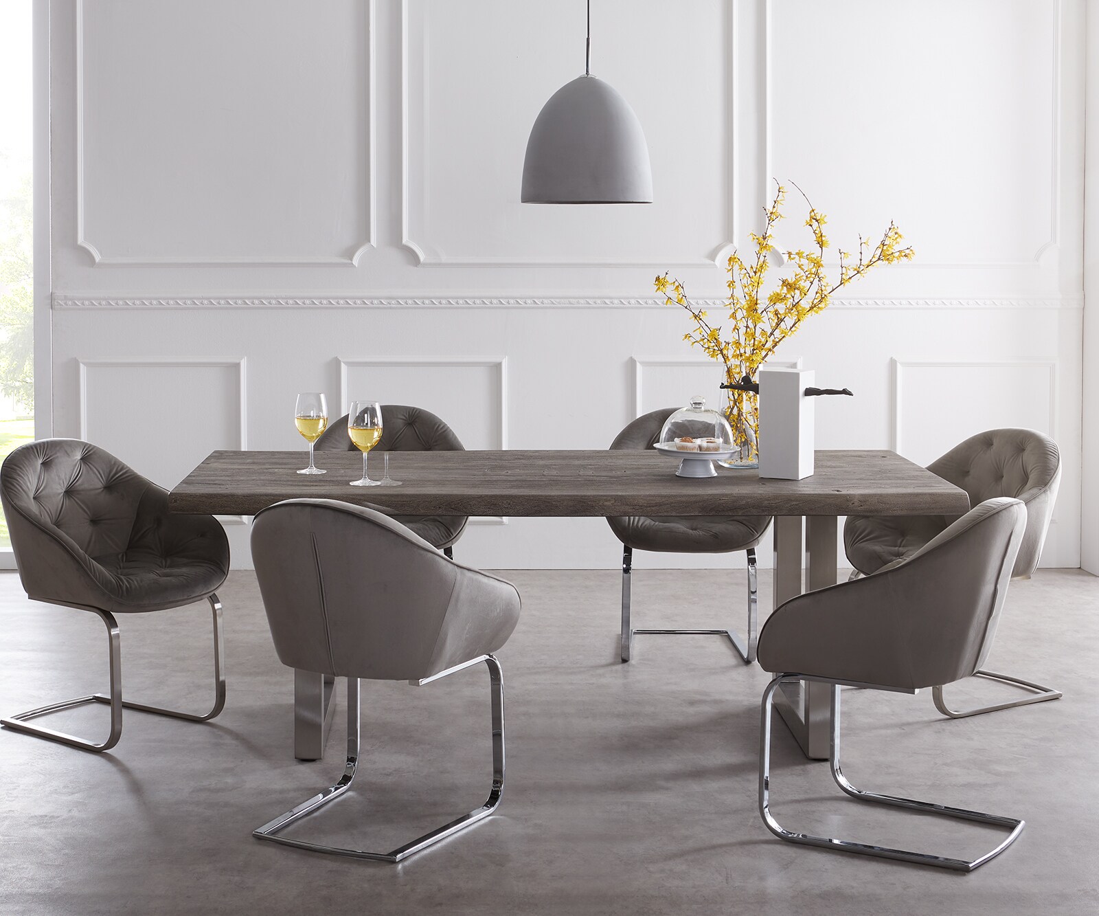 Eettafel Edge 220x100cm XL acacia platina roestvrijstaal breed Live-Edge 2