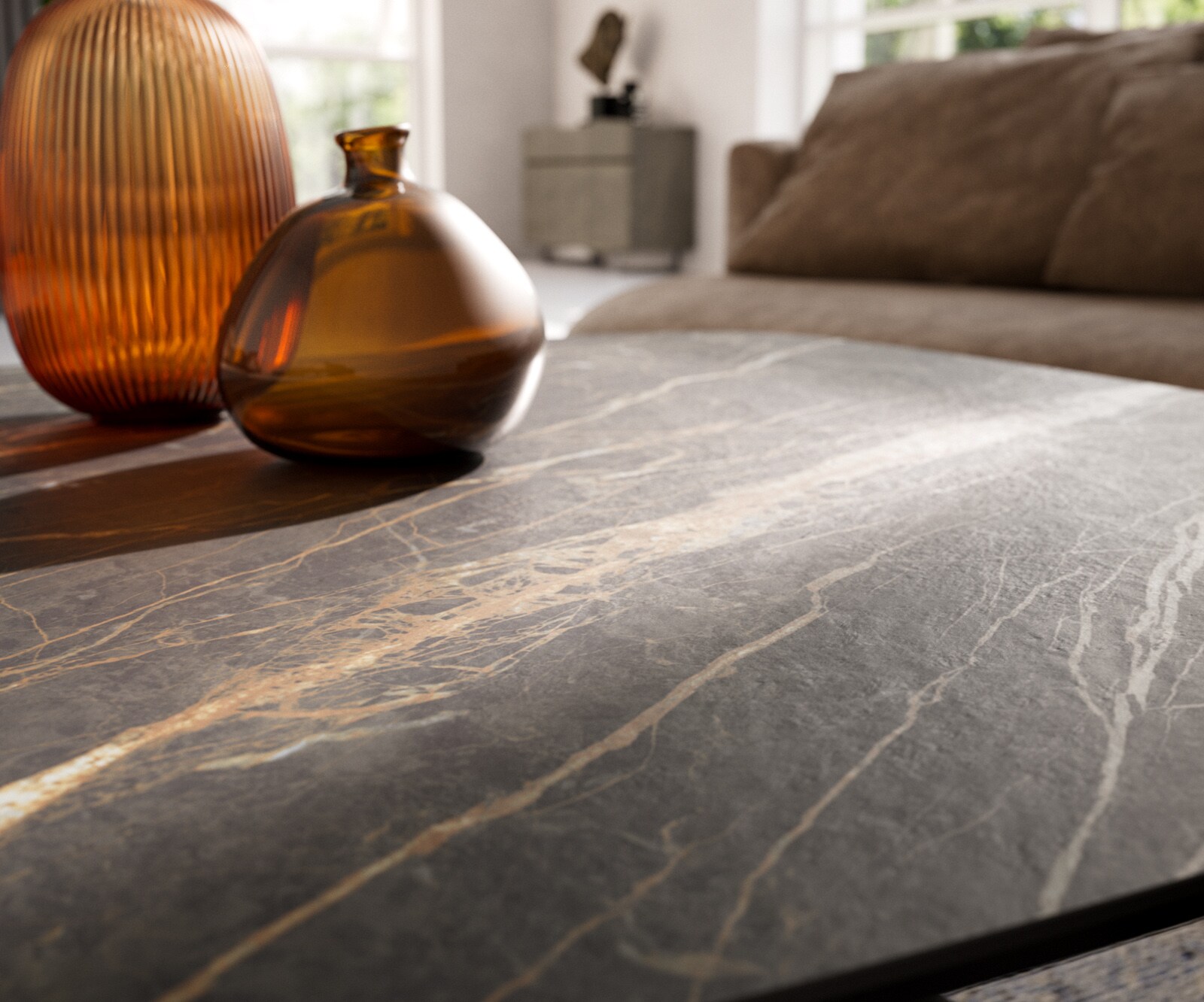 Salontafel Edge Boot 90x90 cm keramiek Laminam® Noir Desir bruin Parabi geborsteld roestvrij staal 7