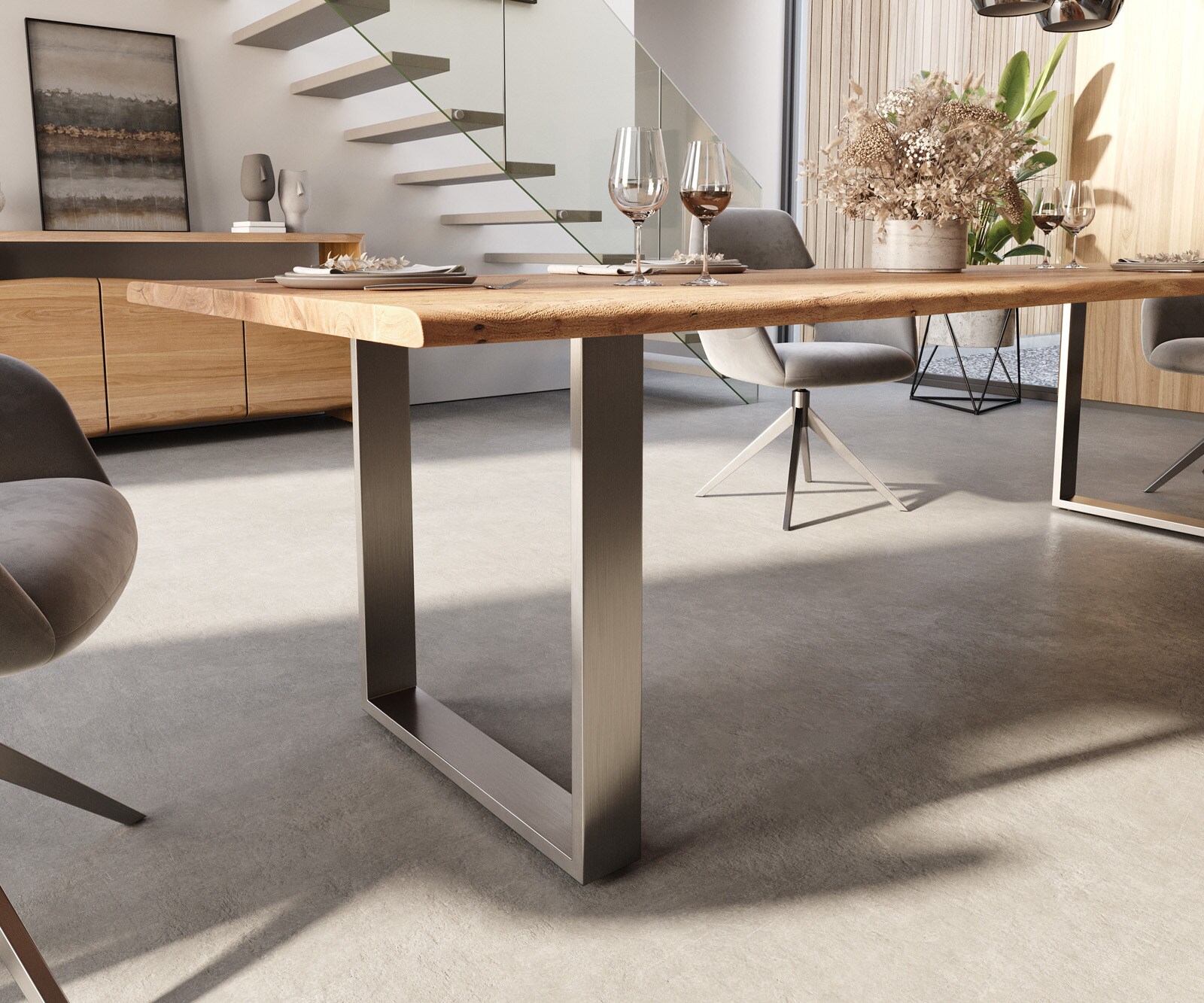 Eettafel Edge 300x100 acacia natuur roestvrijstaal smal Live-Edge 5