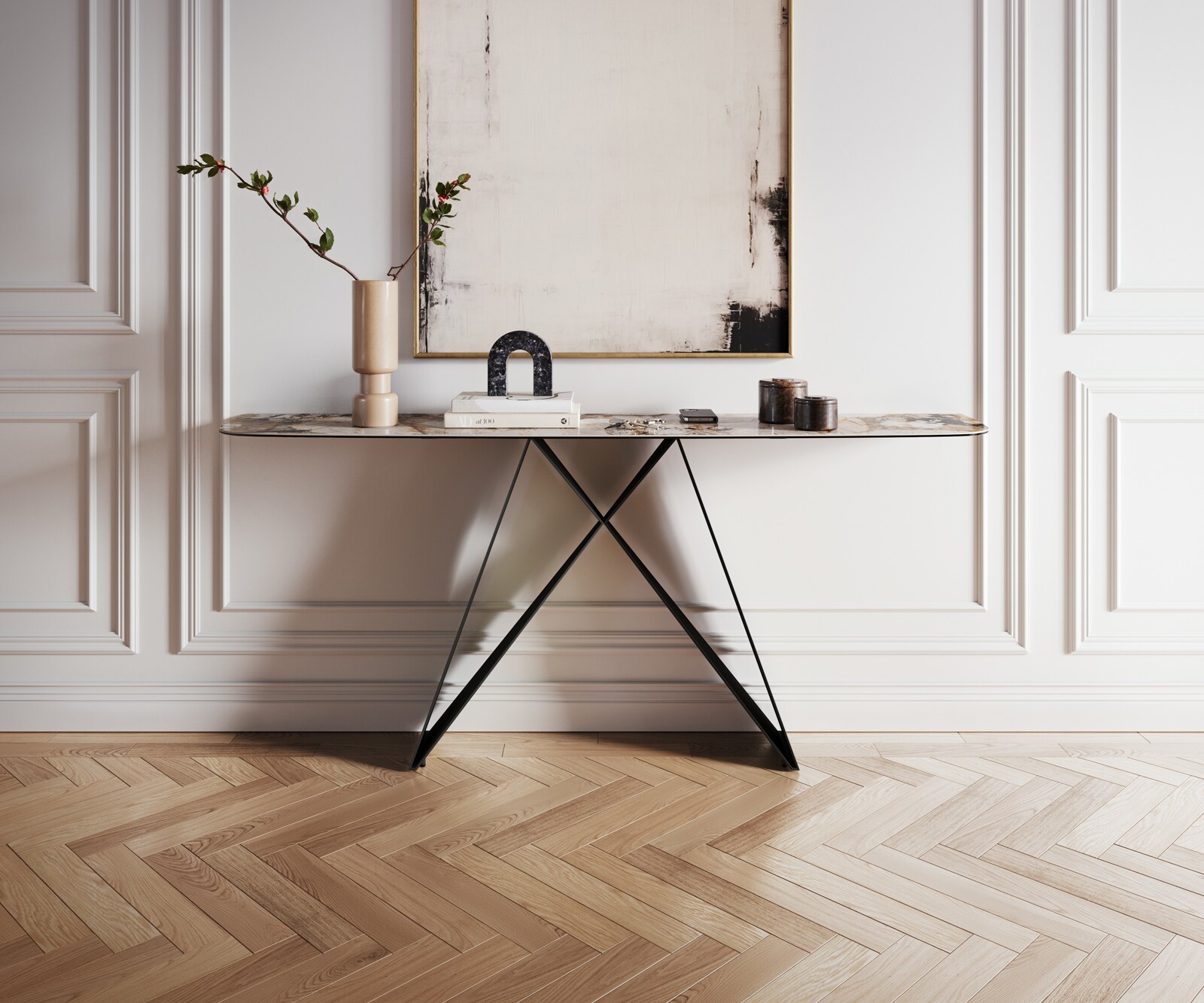 Consoletafel Edge Bootvorm 180x40 cm Keramiek Patagonia Poliert Velio Metaal Zwart 1