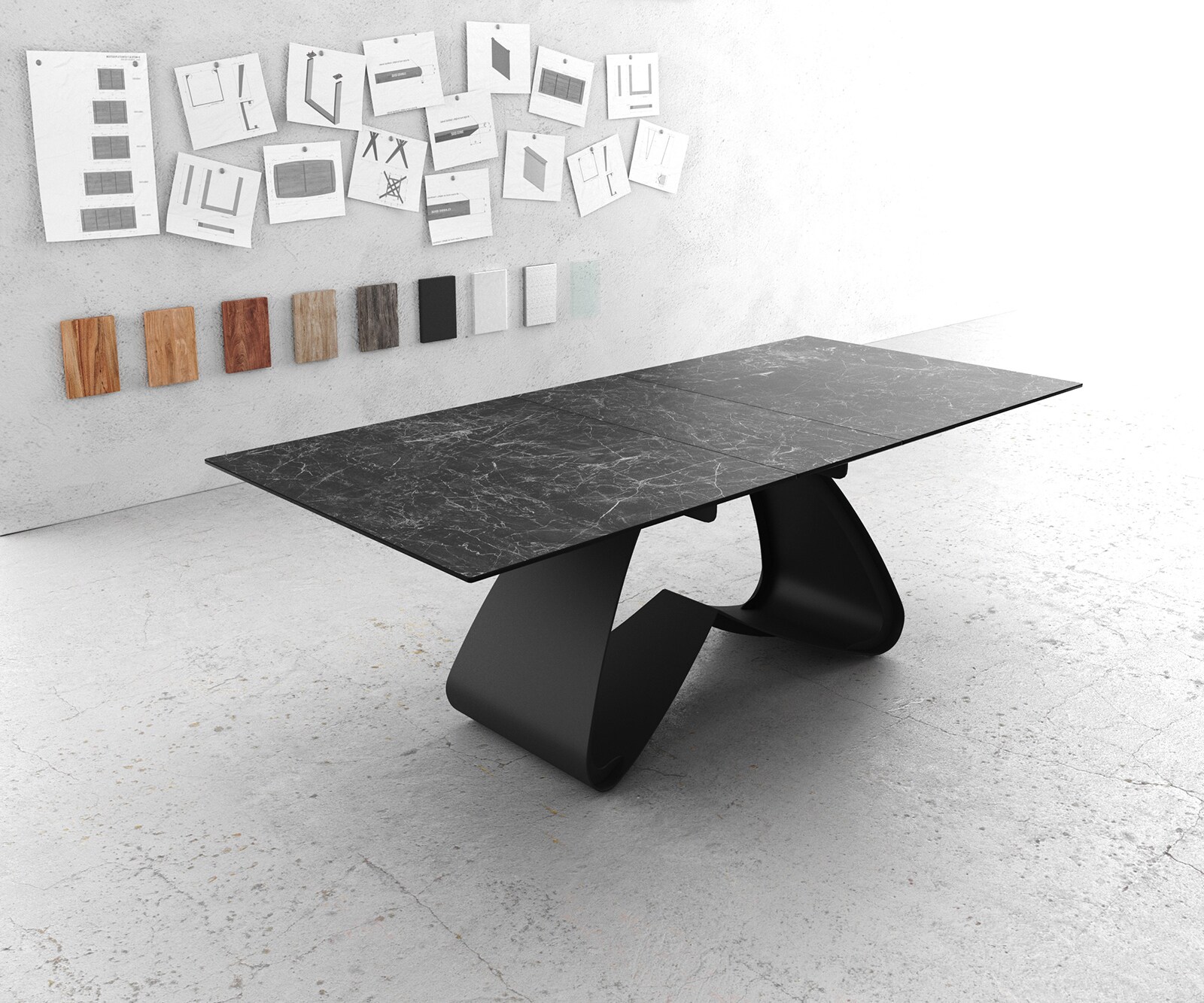 Eetkamertafel Edge 180-220x100 keramiek Laminam®Nero Greco grijs W-frame zwart uitschuifbaar