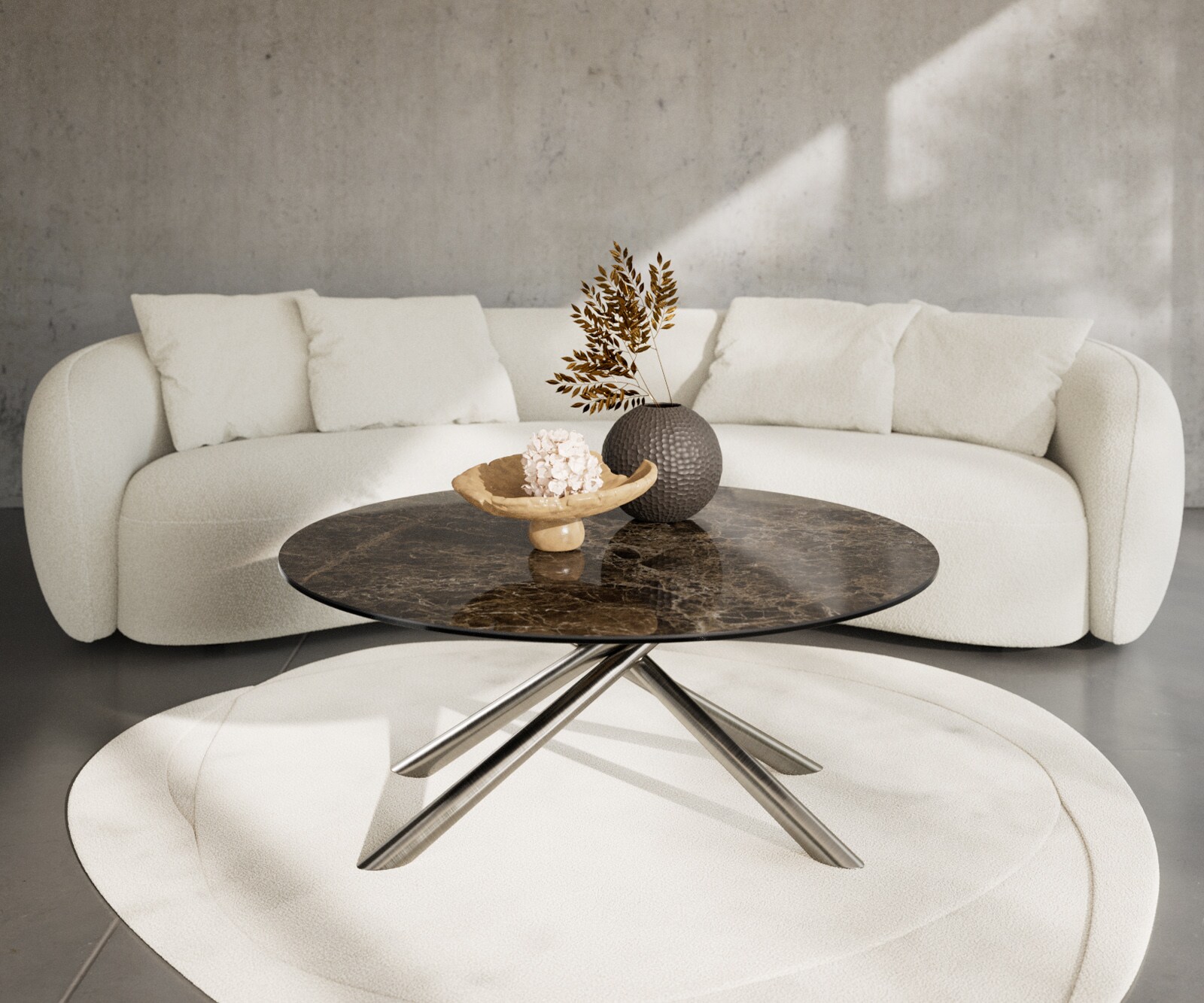 Salontafel Edge rond 100x100 cm keramiek Laminam® Emperador Extra Lucidato donkerbruin Sarity geborsteld roestvrij staal 1