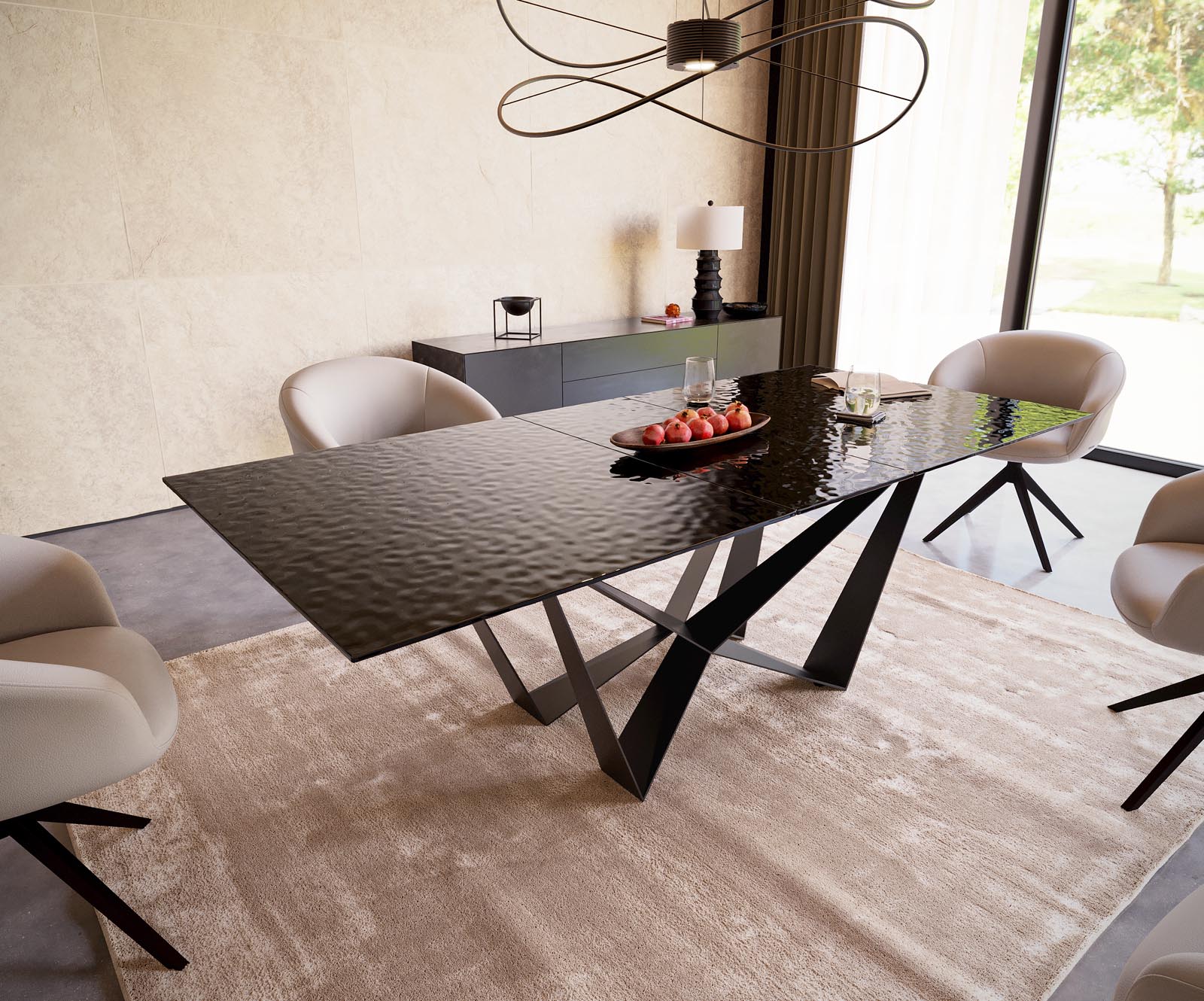 Eetkamertafel Edge 180-220x100 Glas smelten rokerig zwart 3D-Relief spider vlak staal zwart uitschuifbaar