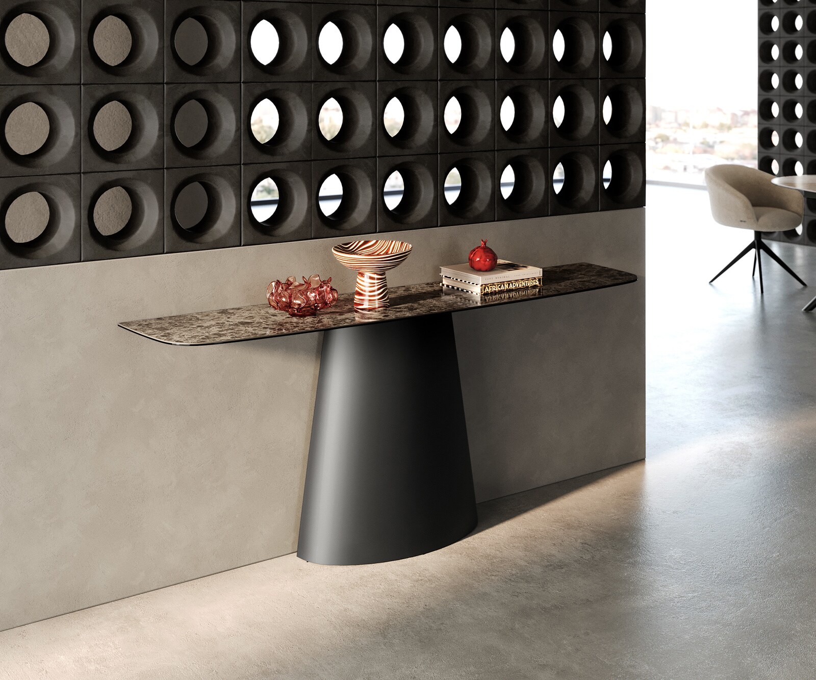Consoletafel Edge Bootvorm 180x40 cm Keramiek Emperador Extra Lucidato Dunkelbraun Conos Metaal Zwart 1