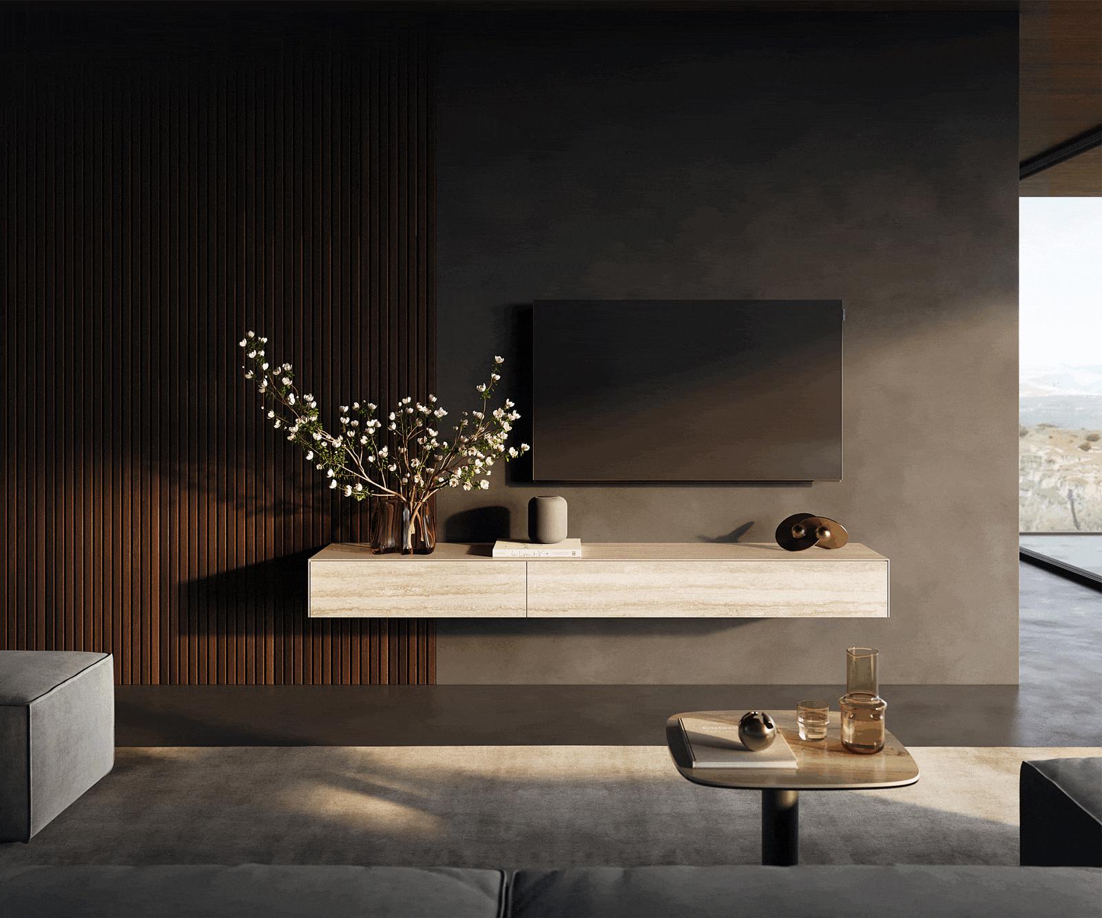 Tv-meubel Cuor 200 cm Keramiek Laminam® Travertino Bianco Crème-wit 1 Flap 1 Lade Zwevend 5
