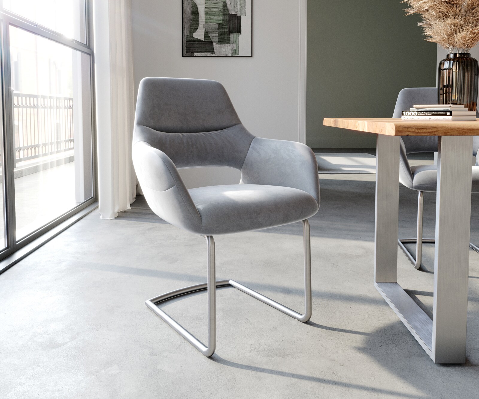 Sledemodel Yago-Flex met armleuning fluweel grijs sledemodel rond roestvrij staal pocketveer kern
