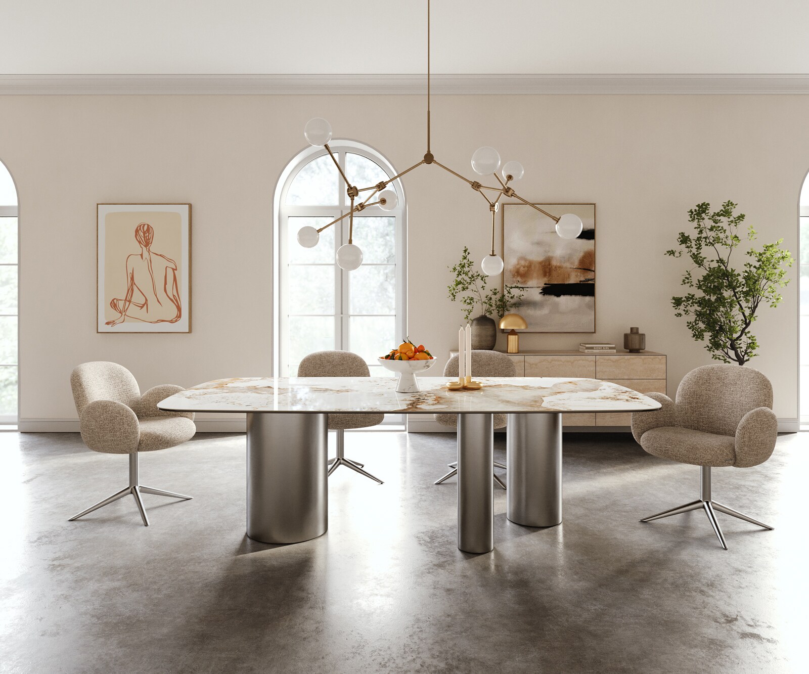 Eettafel Edge Boot 240x120 cm Keramiek Minas Melange Wit-Beige Troa Roestvrij staal gebürstet