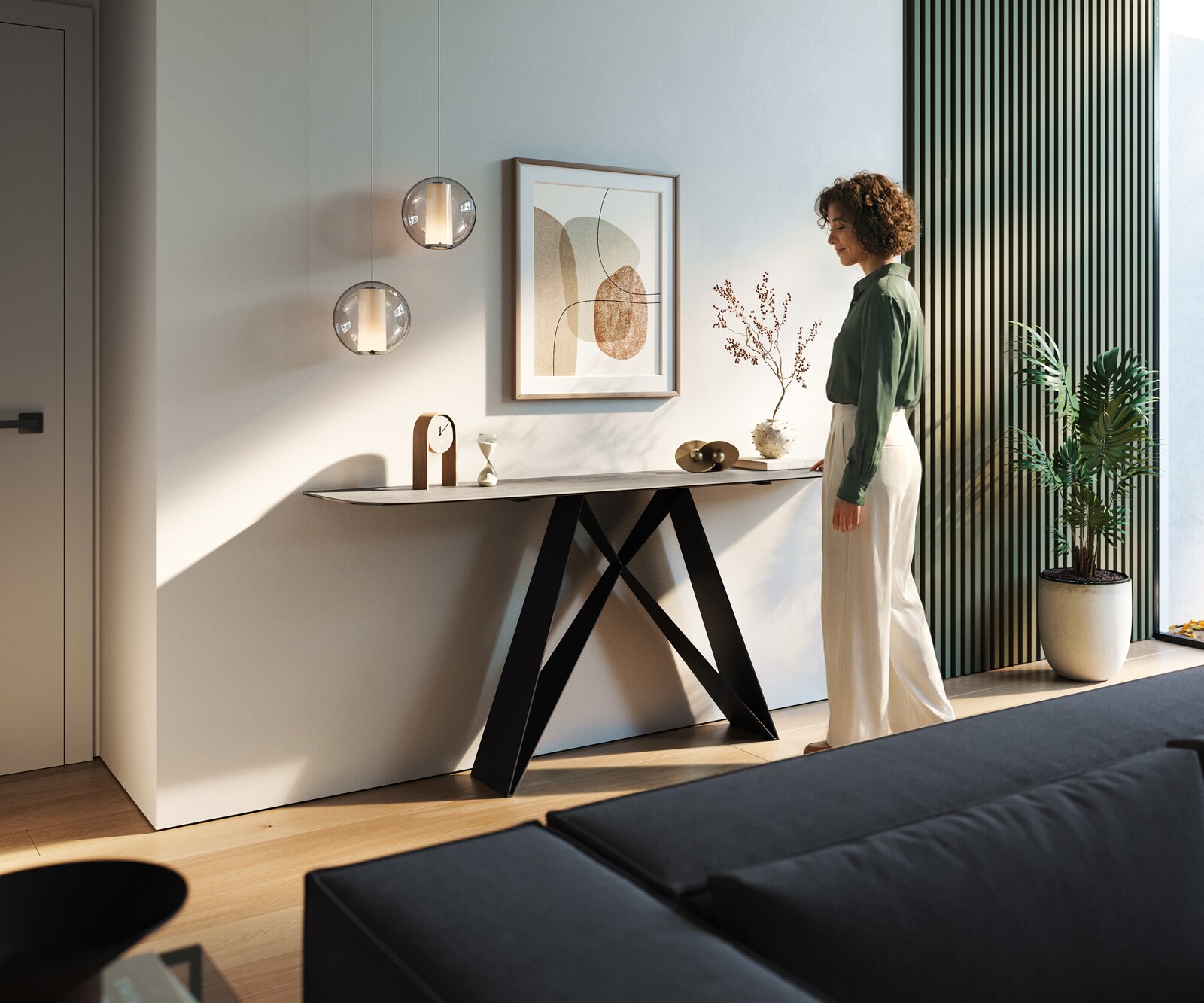 Consoletafel Edge Bootvorm 180x40 cm Keramiek Betongrijs Velio Metaal Zwart 7