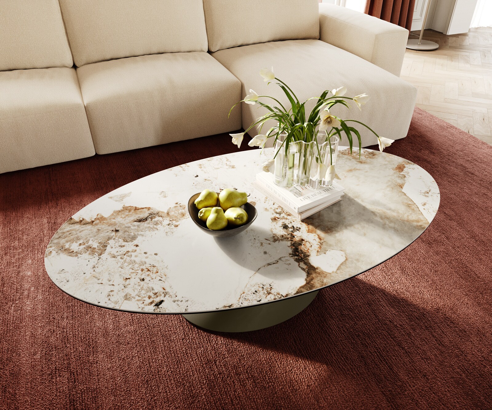 Salontafel Edge Oval 140x80 cm keramiek Minas Melange Conis Metall effectafwerking titaan 3
