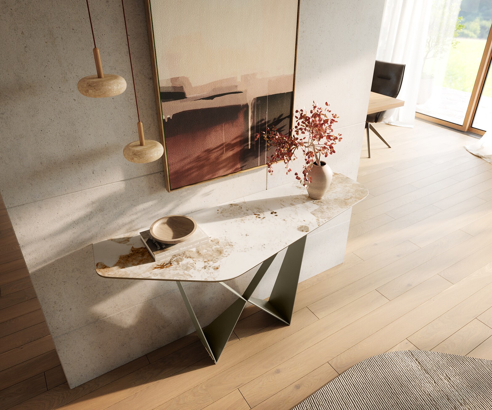Consoletafel Edge Polygonaal 140x50 cm Keramiek Minas Melange Weiß-Beige Spios Metaal Effektfinish Titan 2
