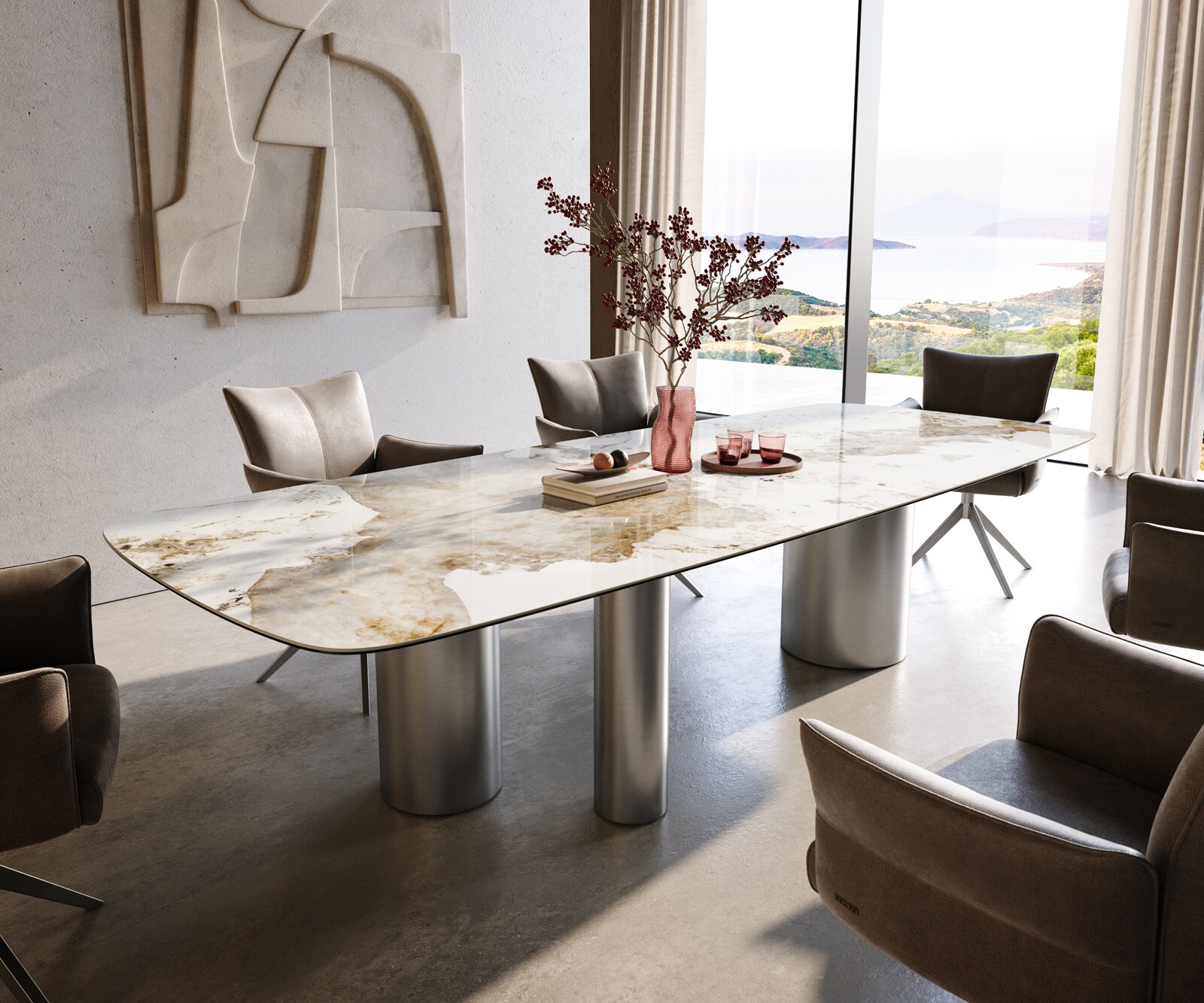 Eettafel Edge Boot 300x120 cm Keramiek Minas Melange Wit-Beige Troa Roestvrij staal gebürstet 1
